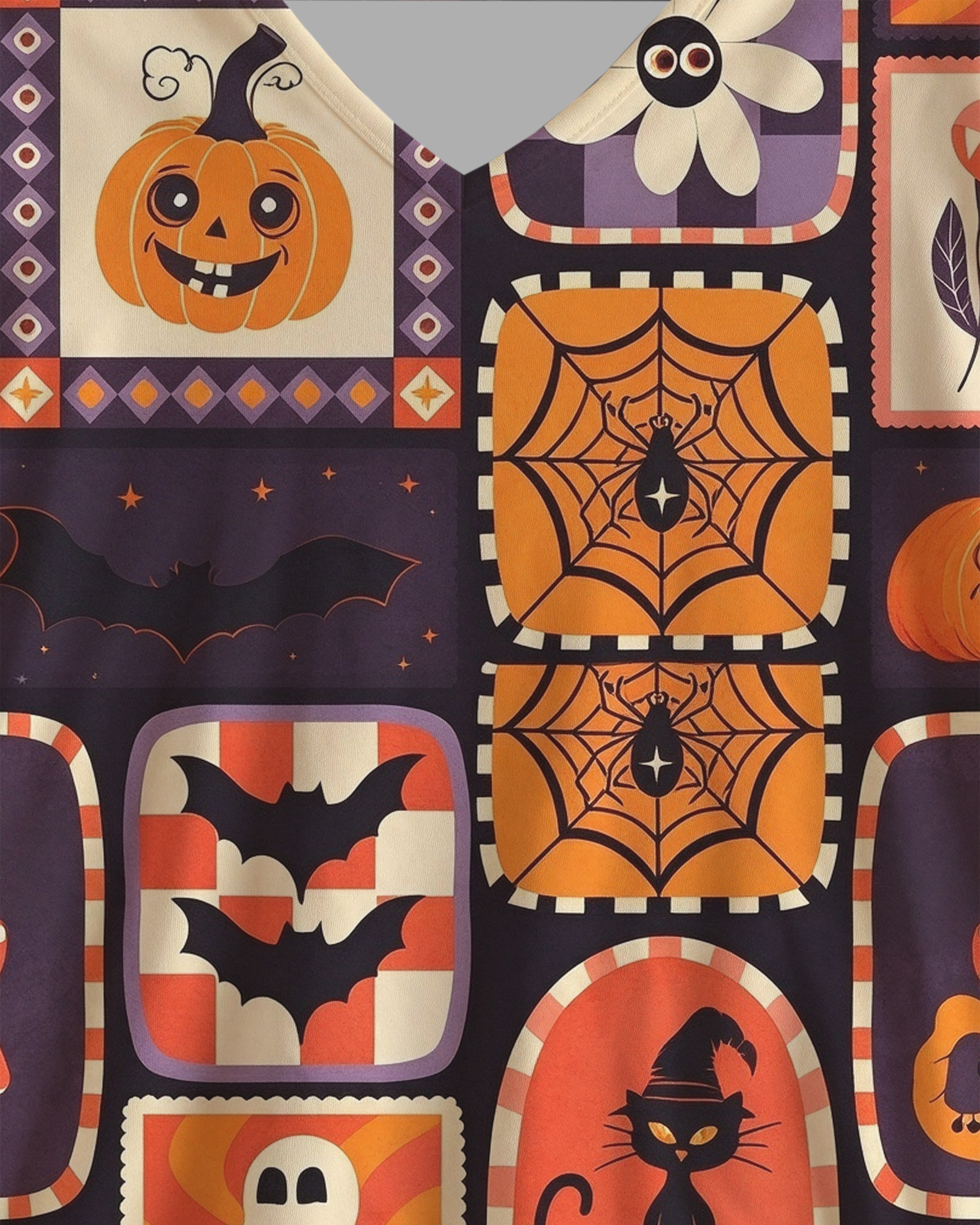 Fun Pumpkin Ghost Bat Spider Web Western V-Neck Printed Dress | Allover Print