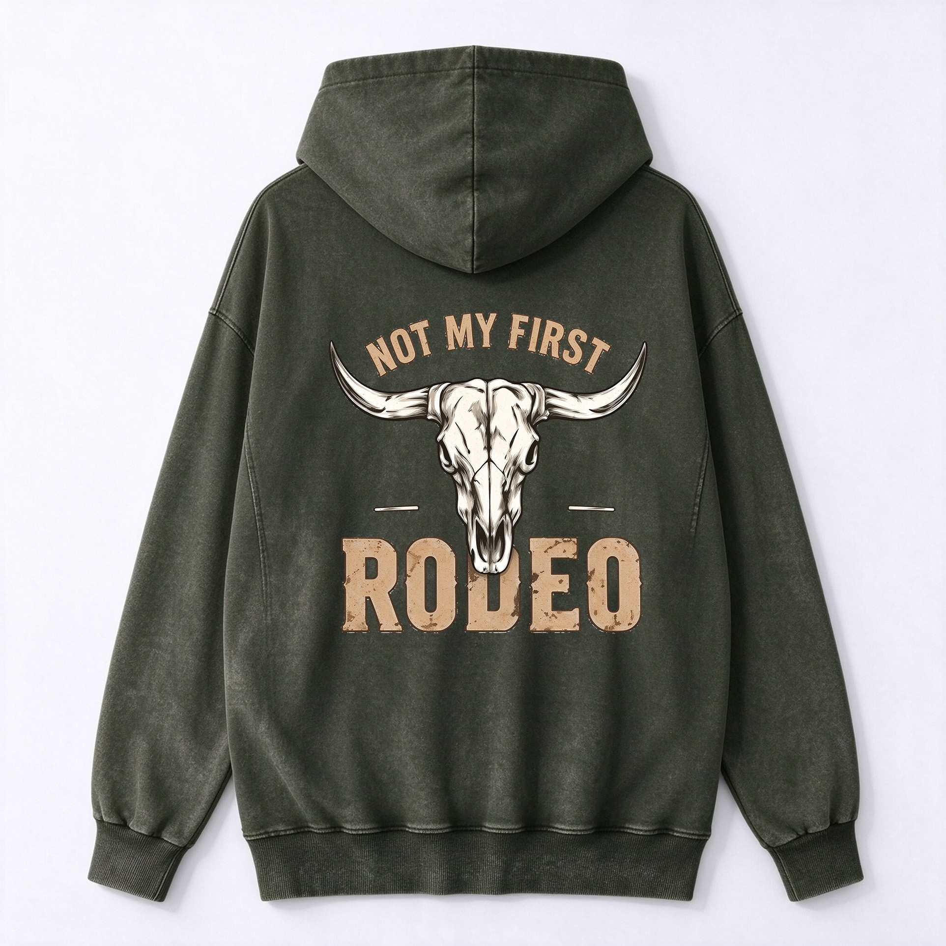 Vintage Bull Skull Back Printed Washed Hoodie