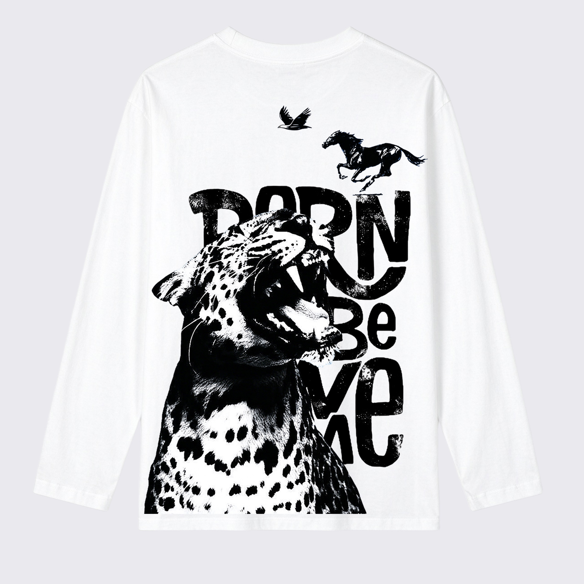 Born Wild Leopard Horse Eagle Back Print Long Sleeve Cotton T-Shirt