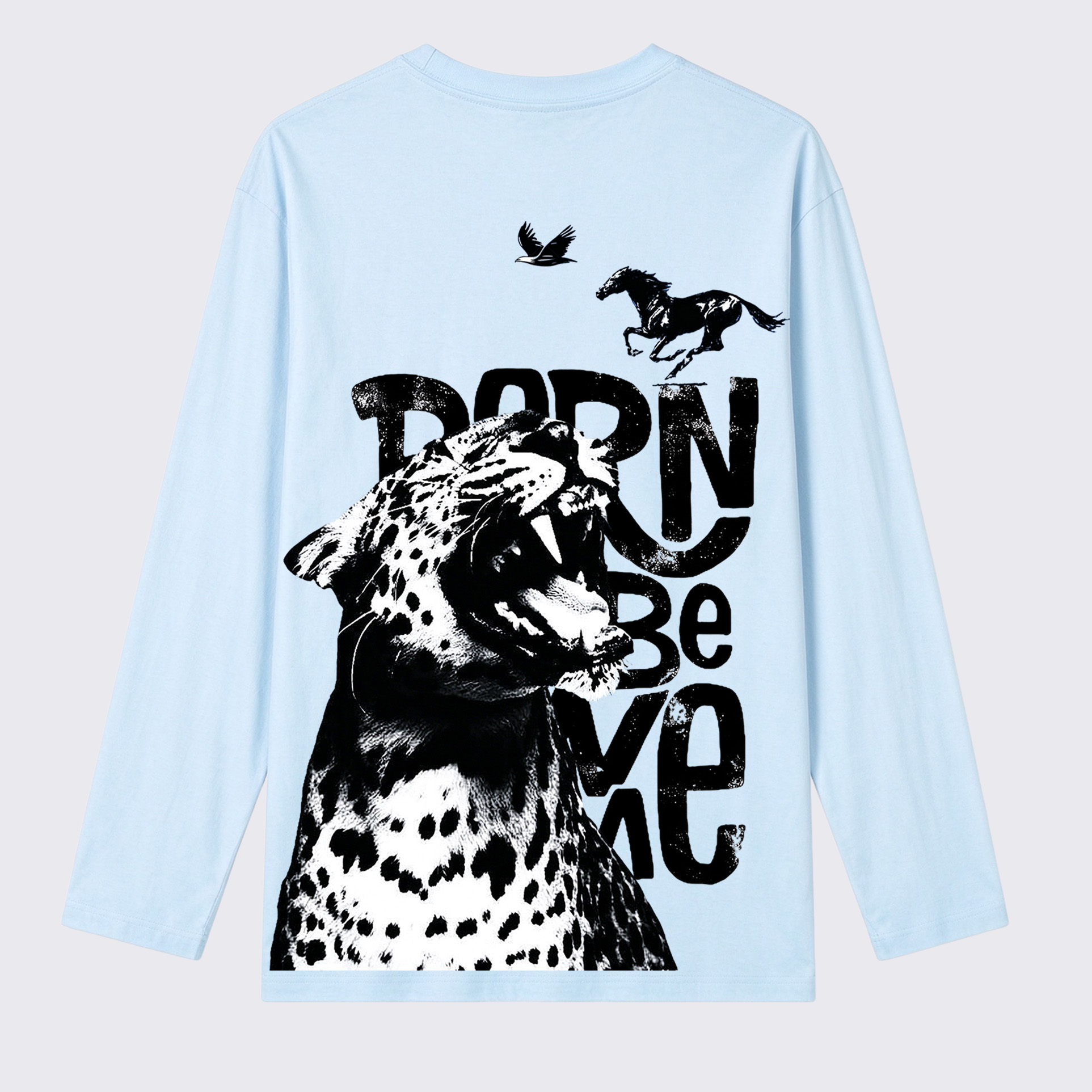 Born Wild Leopard Horse Eagle Back Print Long Sleeve Cotton T-Shirt
