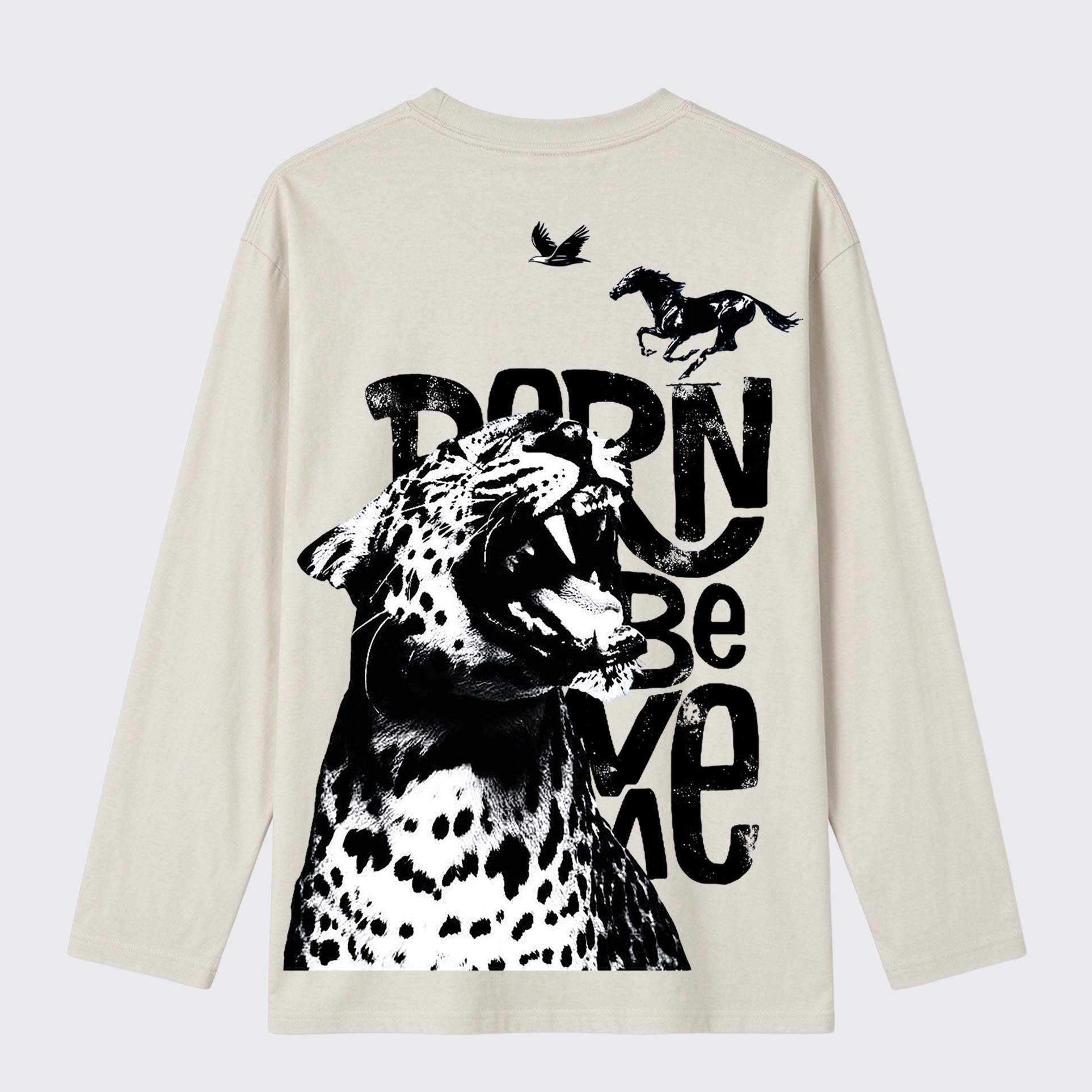 Born Wild Leopard Horse Eagle Back Print Long Sleeve Cotton T-Shirt