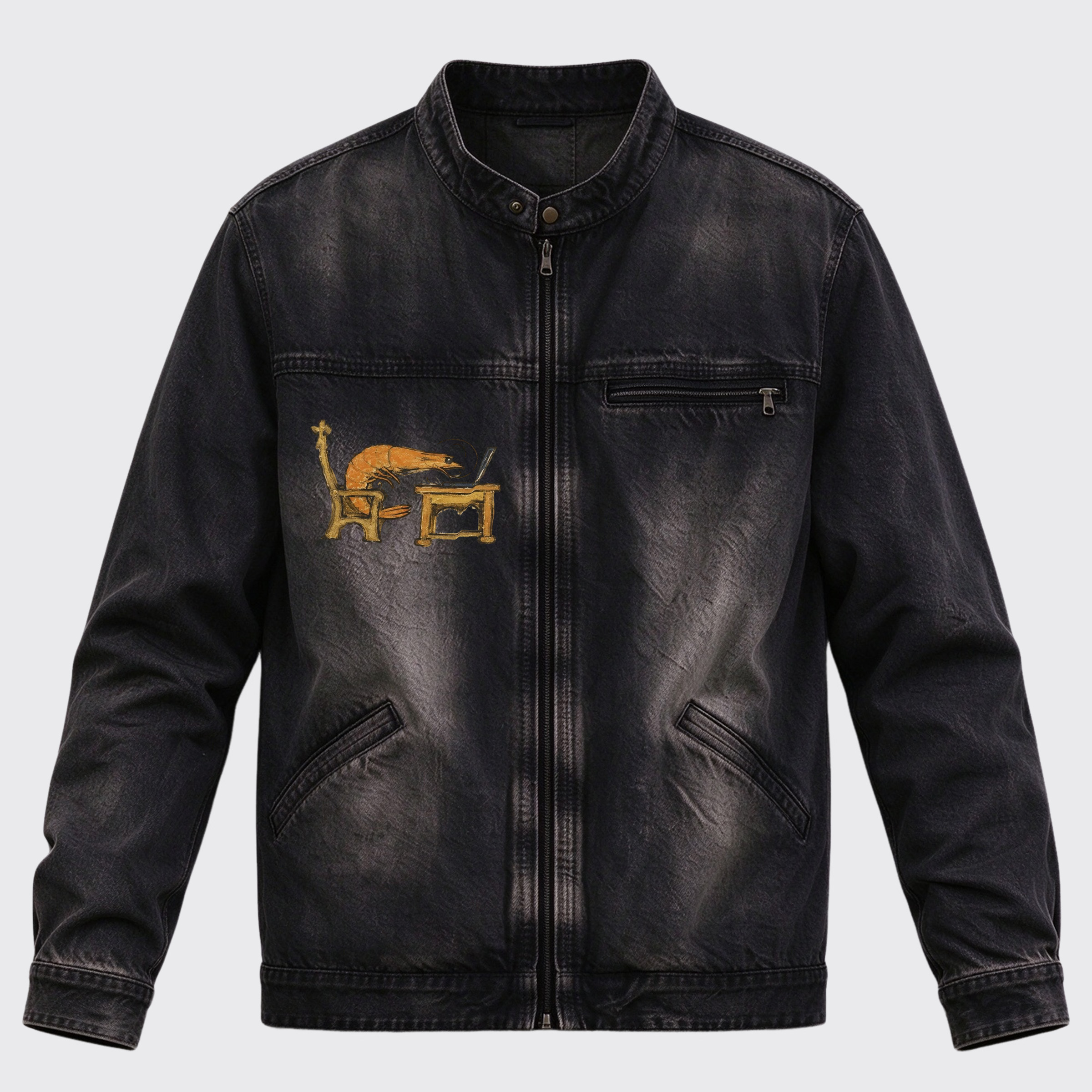 Vintage Medieval Shrimp Working On Laptop Back Print Graphic Denim Jacket