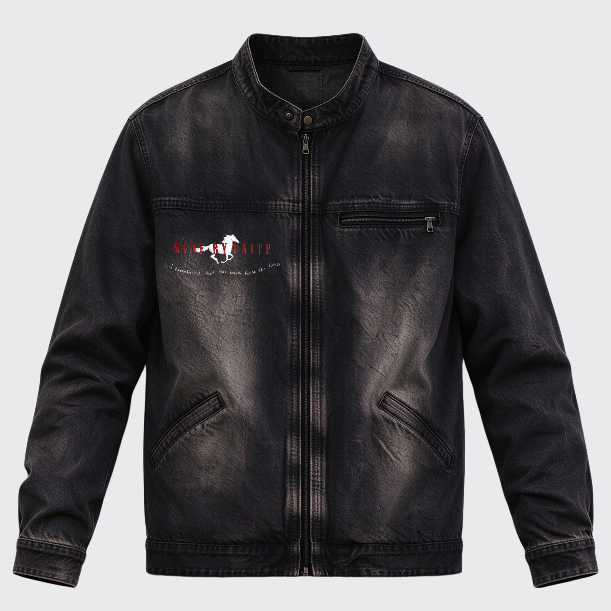 Vintage Western Ride By Faith Horse Back Print Graphic Denim Jacket