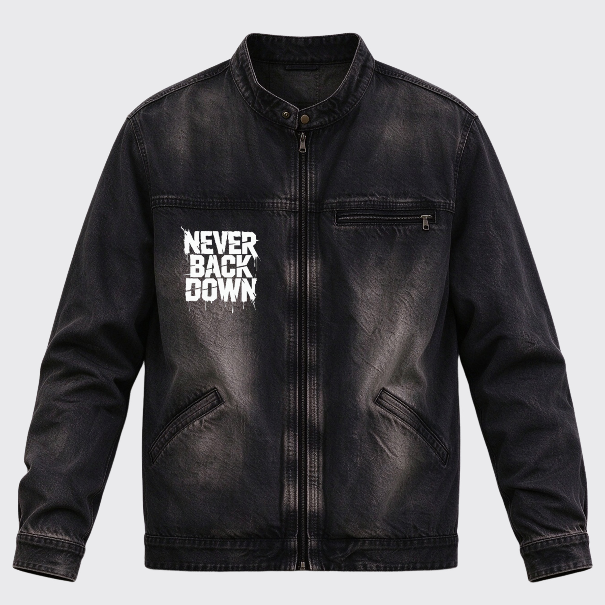 Vintage Western Never Back Down Two Cowboys Back Graphic Stand Collar Zip Jacket