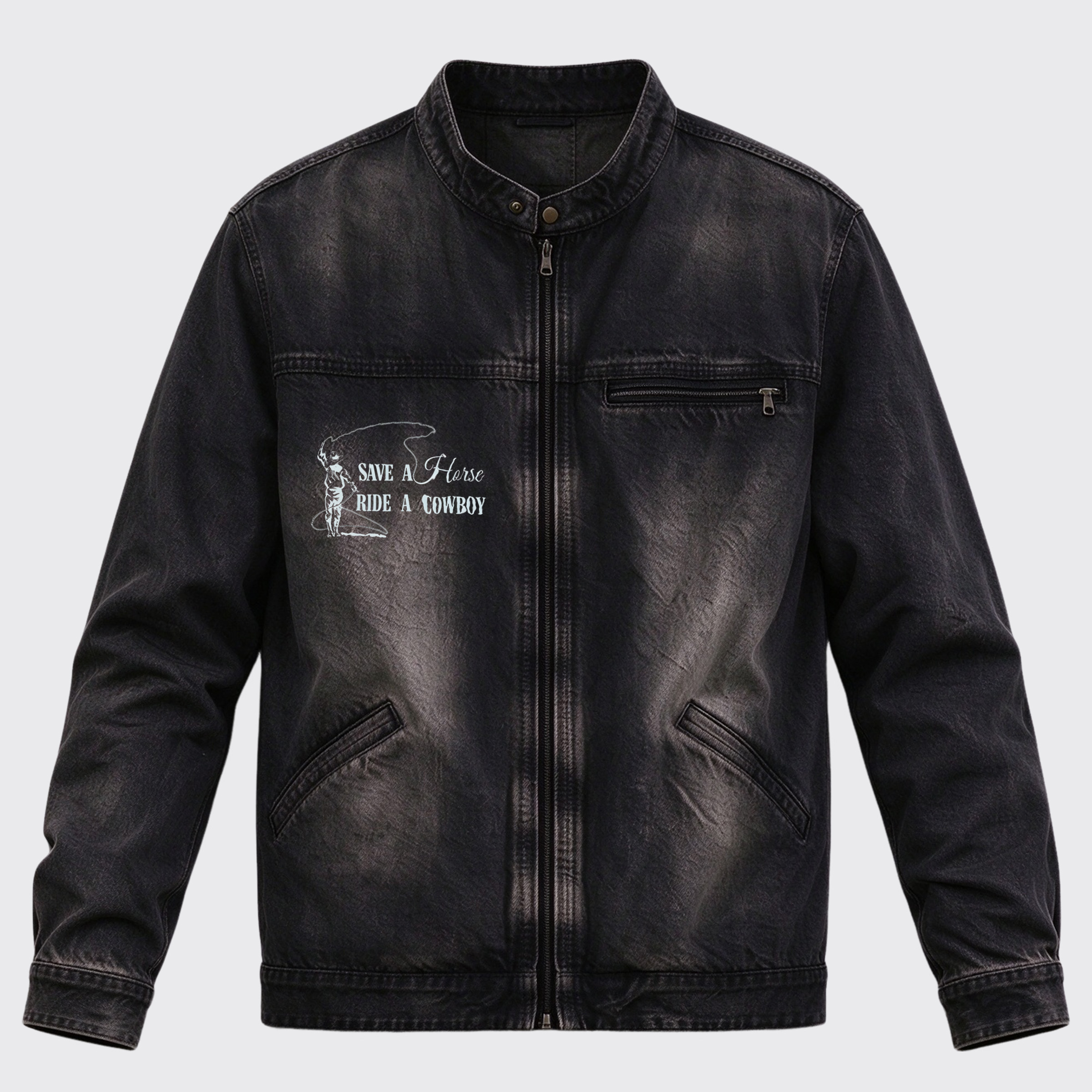 Western Save A Horse Ride A Cowboy Back Print Graphic Denim Jacket