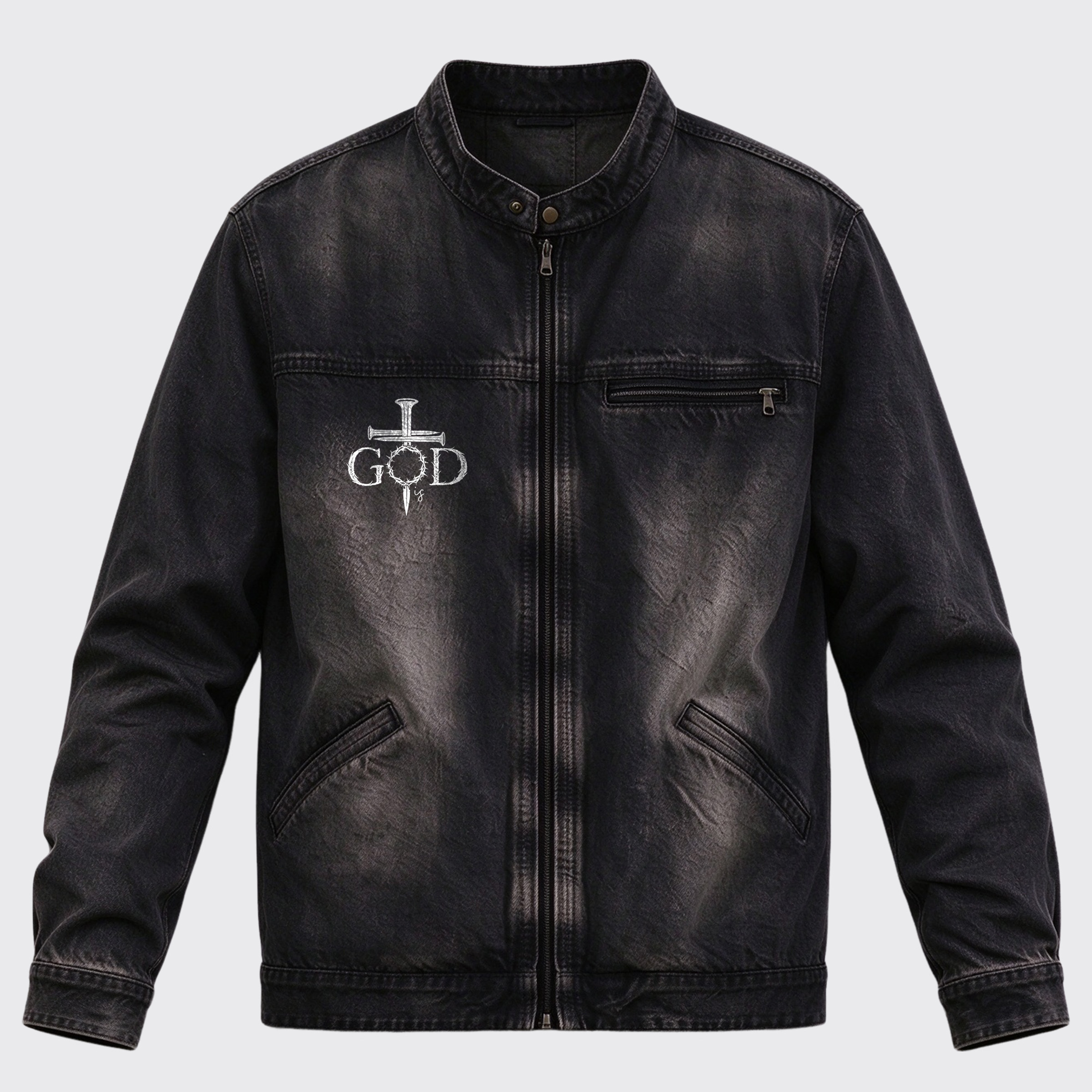 Vintage Western GOD Cross Thorn Crown Graphic Stand Collar Zip Jacket