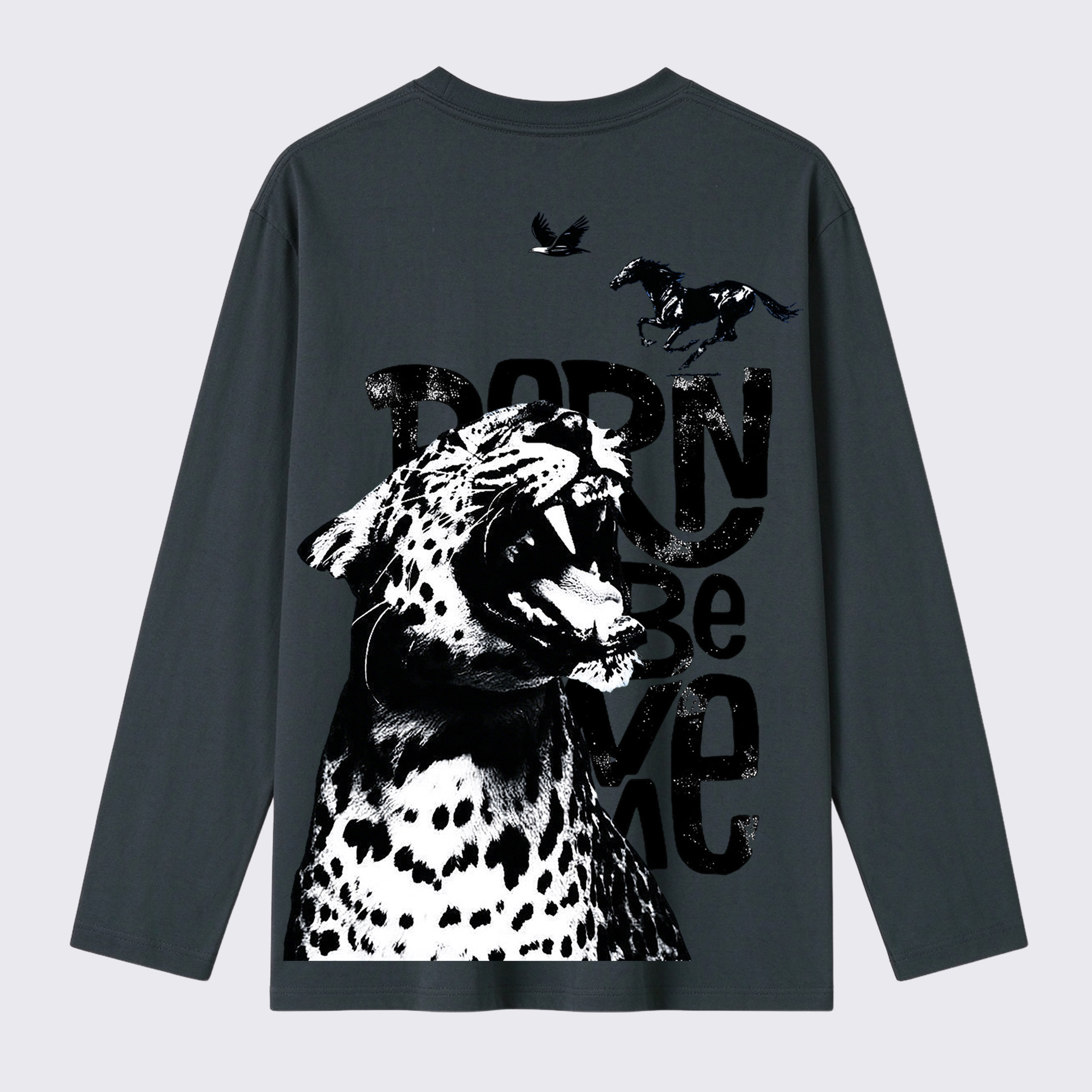 Born Wild Leopard Horse Eagle Back Print Long Sleeve Cotton T-Shirt