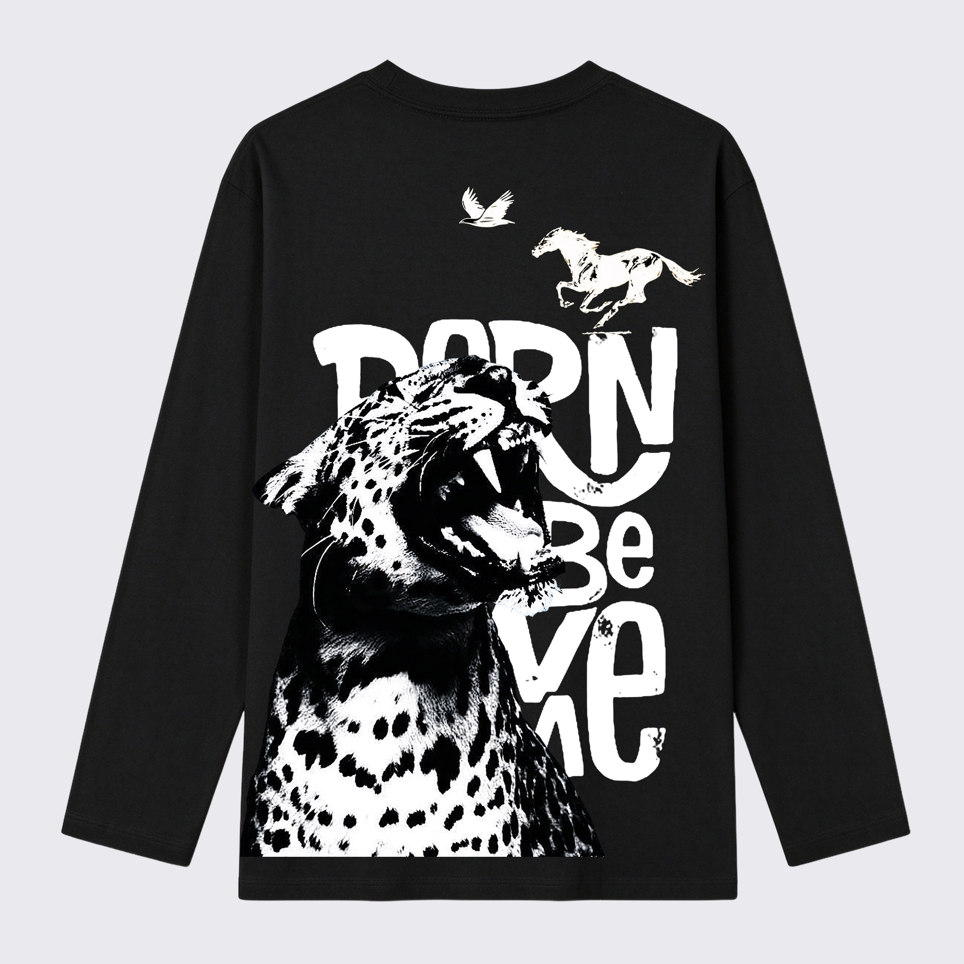 Born Wild Leopard Horse Eagle Back Print Long Sleeve Cotton T-Shirt