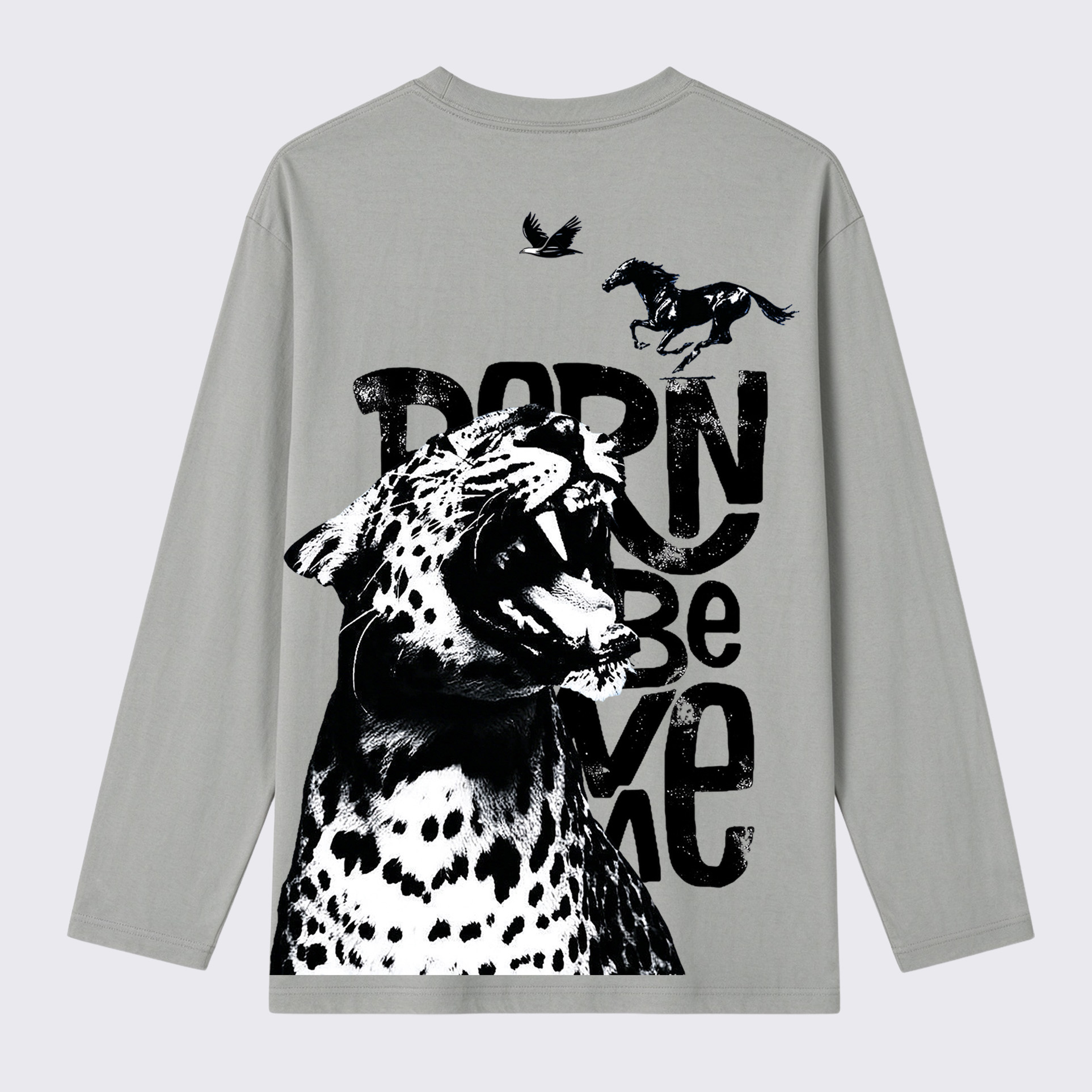 Born Wild Leopard Horse Eagle Back Print Long Sleeve Cotton T-Shirt