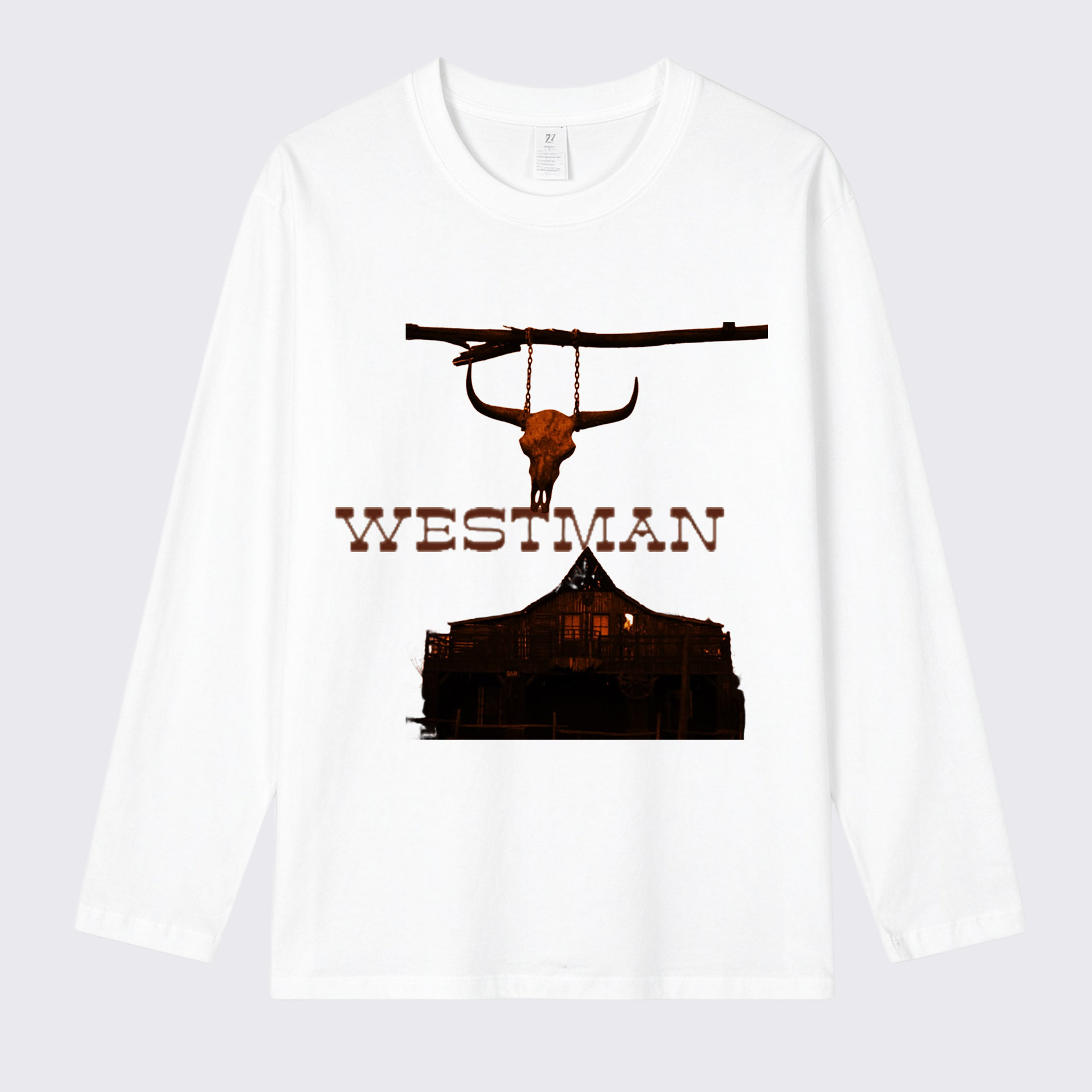 Westman Longhorn Skull Western Saloon Front Print Long Sleeve Cotton T-Shirt