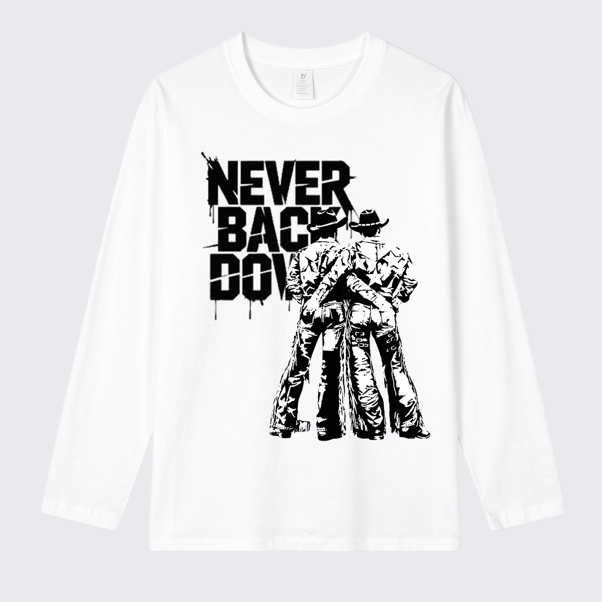 Never Back Down Cowboys Print Long Sleeve Cotton T-Shirt