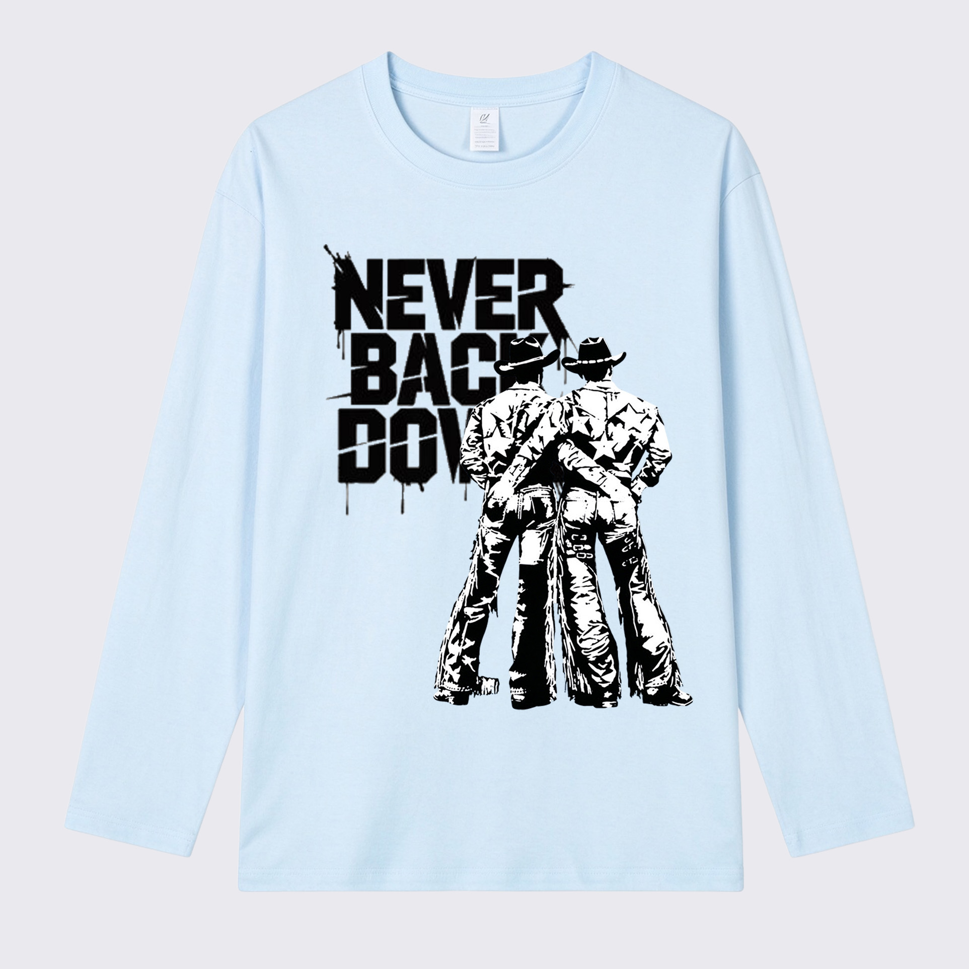 Never Back Down Cowboys Print Long Sleeve Cotton T-Shirt