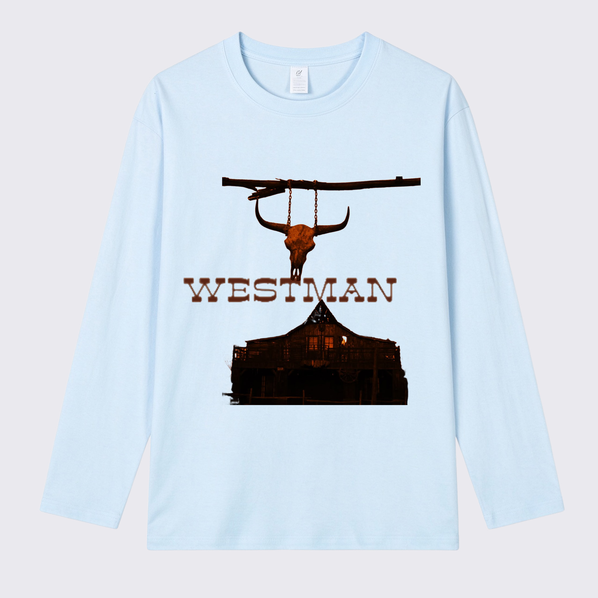 Westman Longhorn Skull Western Saloon Front Print Long Sleeve Cotton T-Shirt