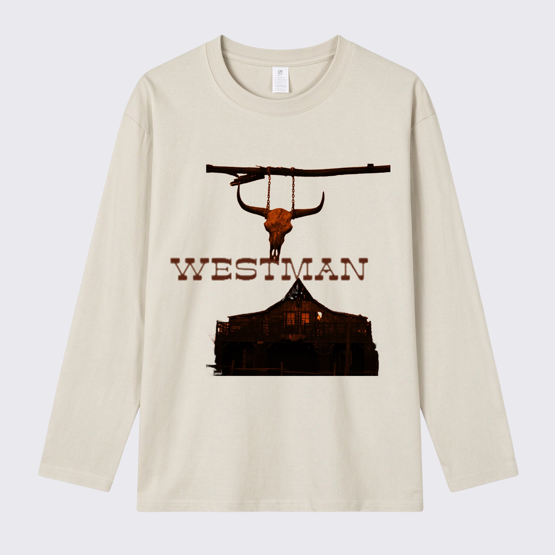 Westman Longhorn Skull Western Saloon Front Print Long Sleeve Cotton T-Shirt