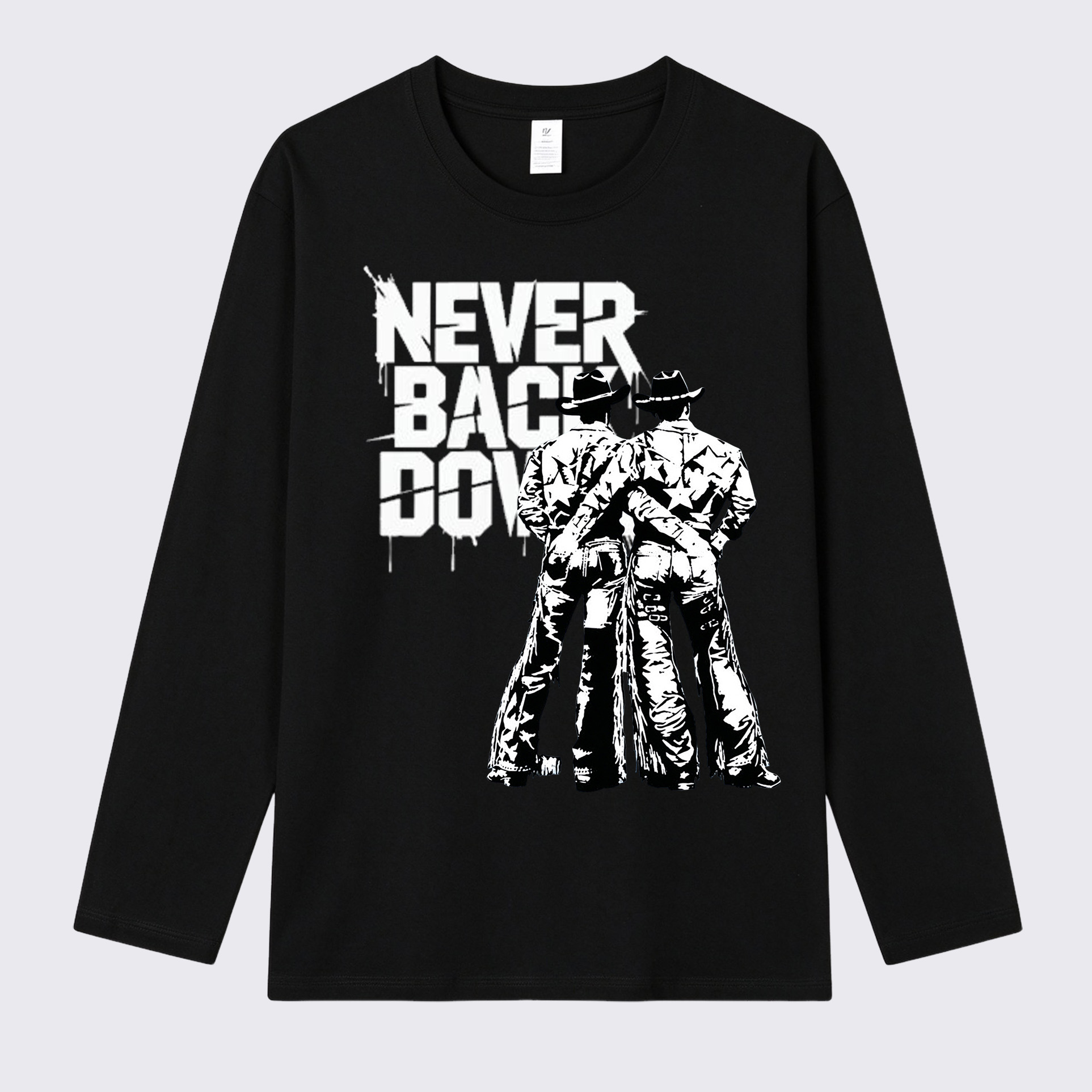 Never Back Down Cowboys Print Long Sleeve Cotton T-Shirt