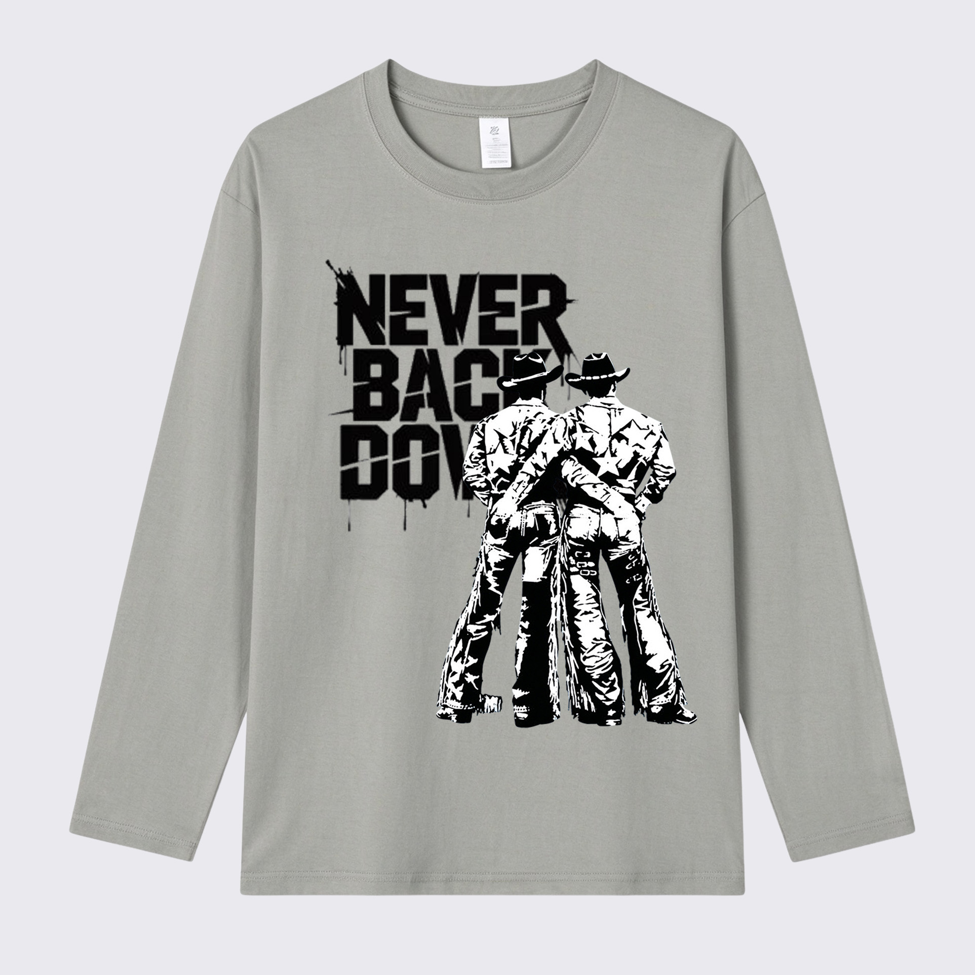 Never Back Down Cowboys Print Long Sleeve Cotton T-Shirt