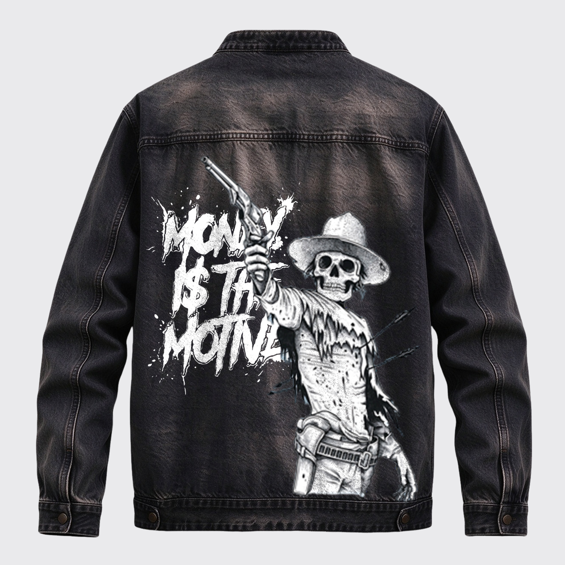 Vintage Western Money Is The Motive Back Print Graphic Denim Jacket