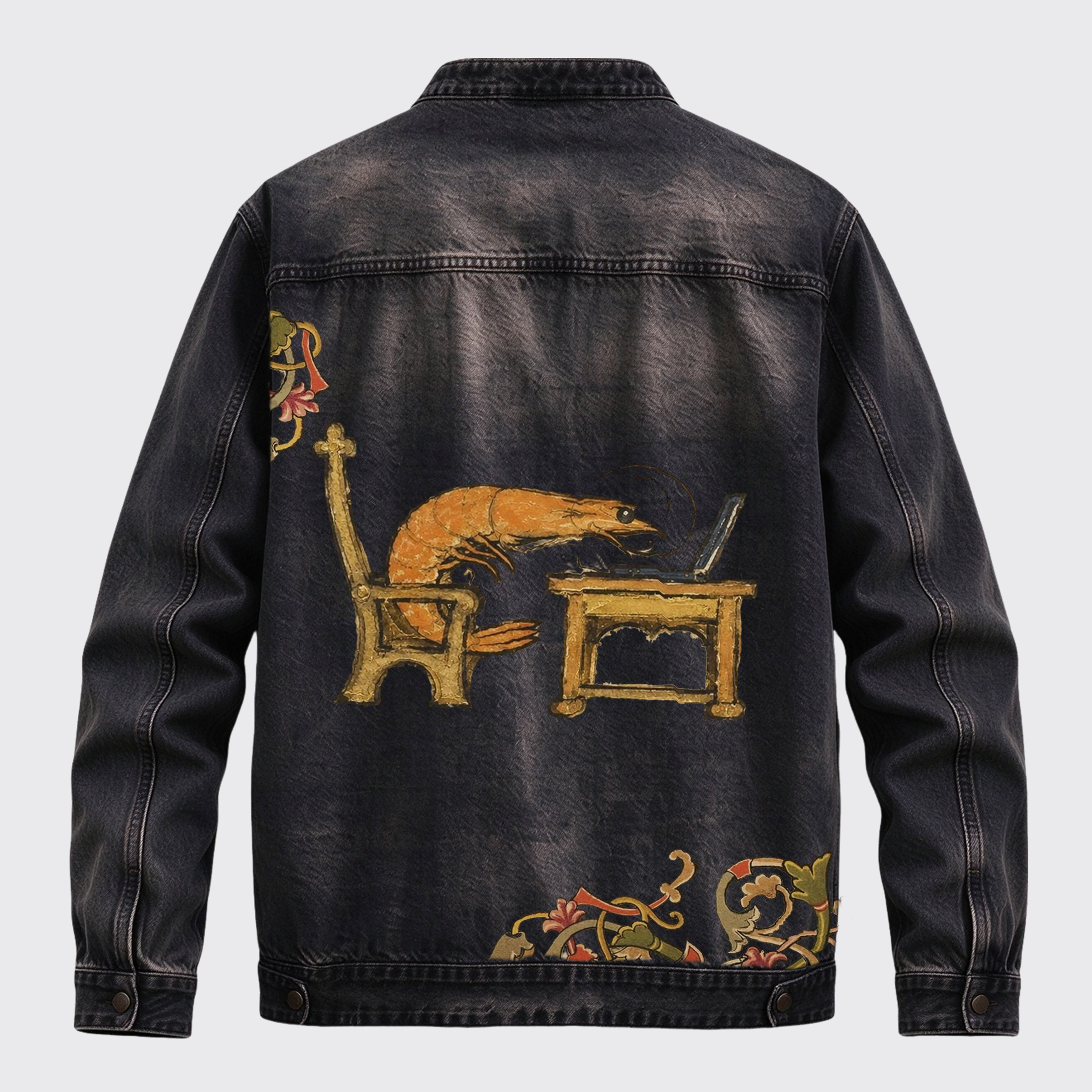 Vintage Medieval Shrimp Working On Laptop Back Print Graphic Denim Jacket