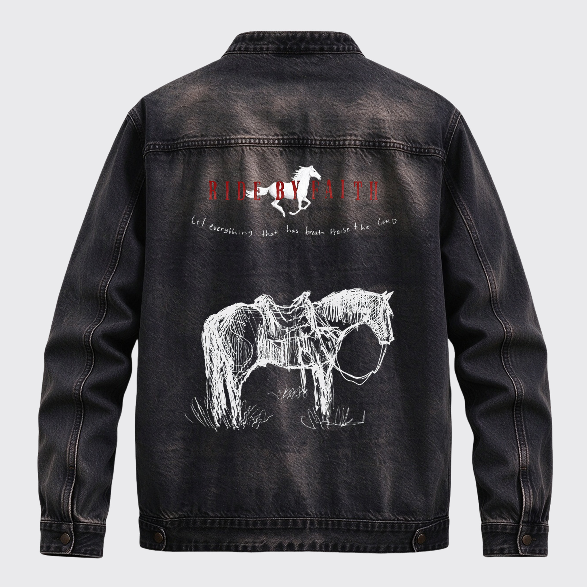 Vintage Western Ride By Faith Horse Back Print Graphic Denim Jacket