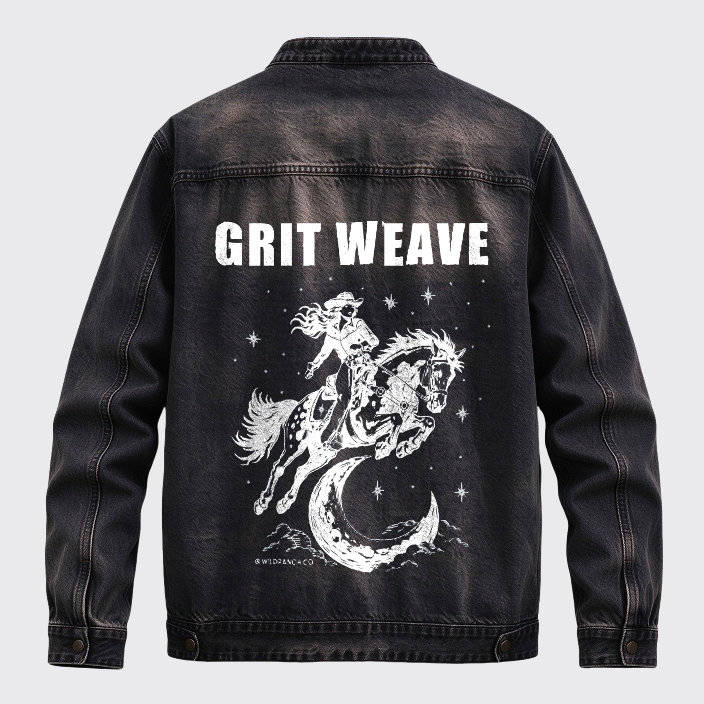 Vintage Western Celestial Crescent Moon Cowgirl Back Print Graphic Denim Jacket