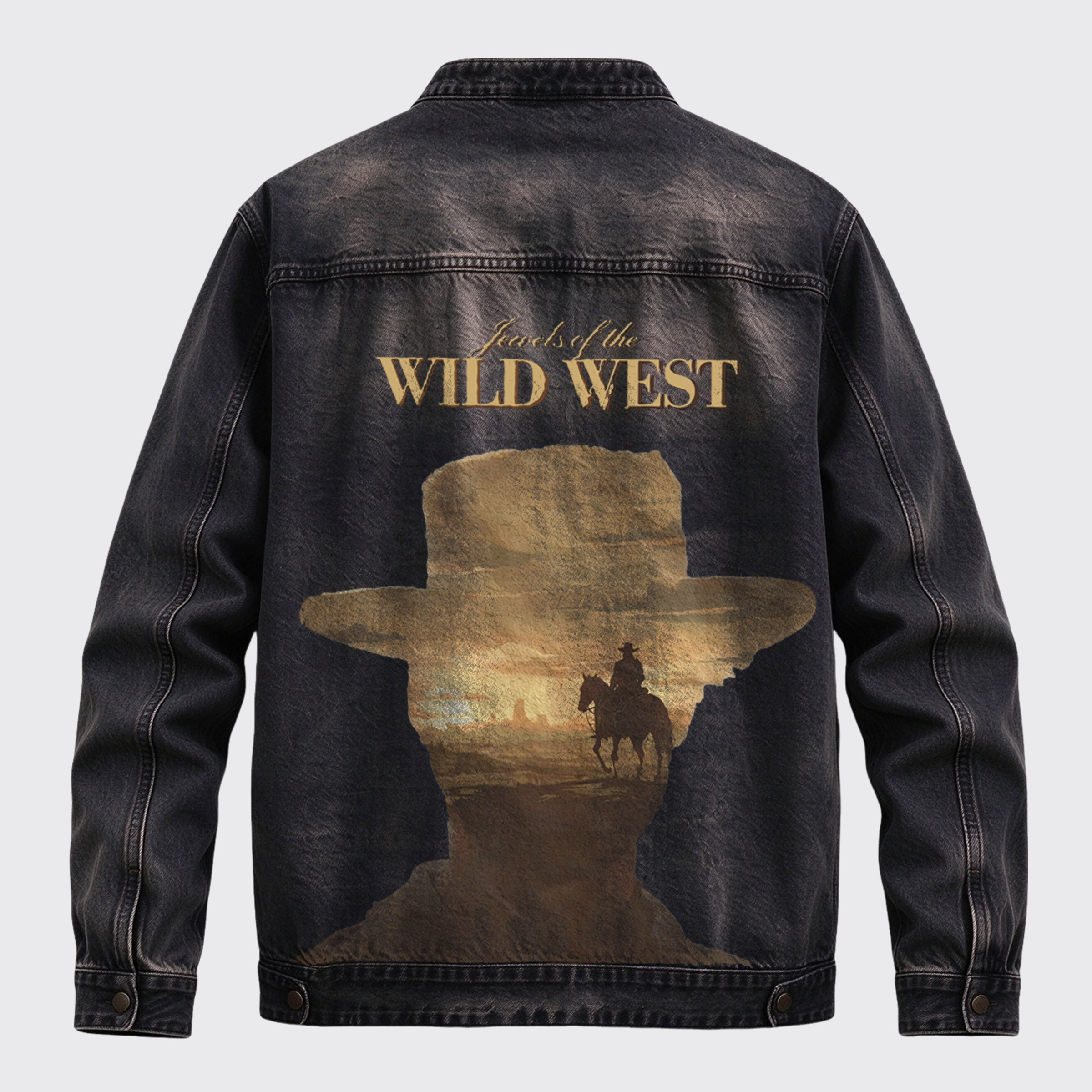 Vintage Wild West Cowboy Silhouette Back Print Graphic Denim Jacket