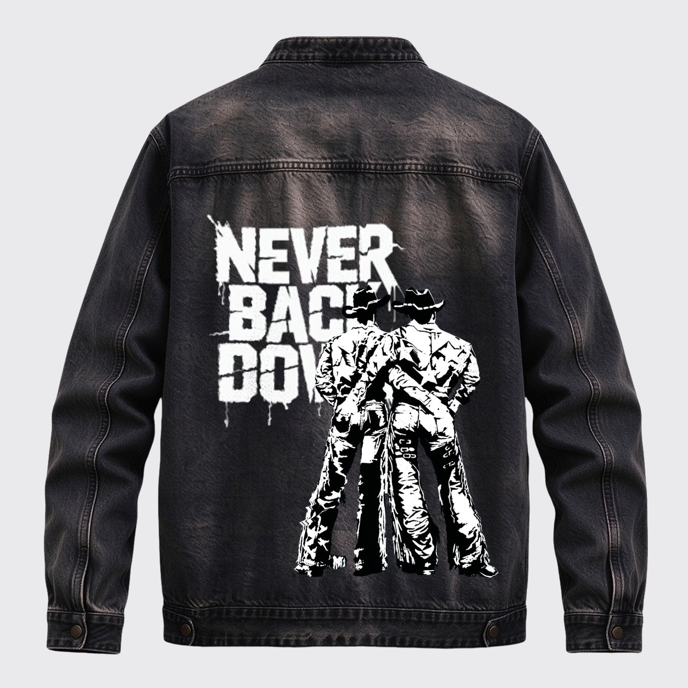 Vintage Western Never Back Down Two Cowboys Back Graphic Stand Collar Zip Jacket