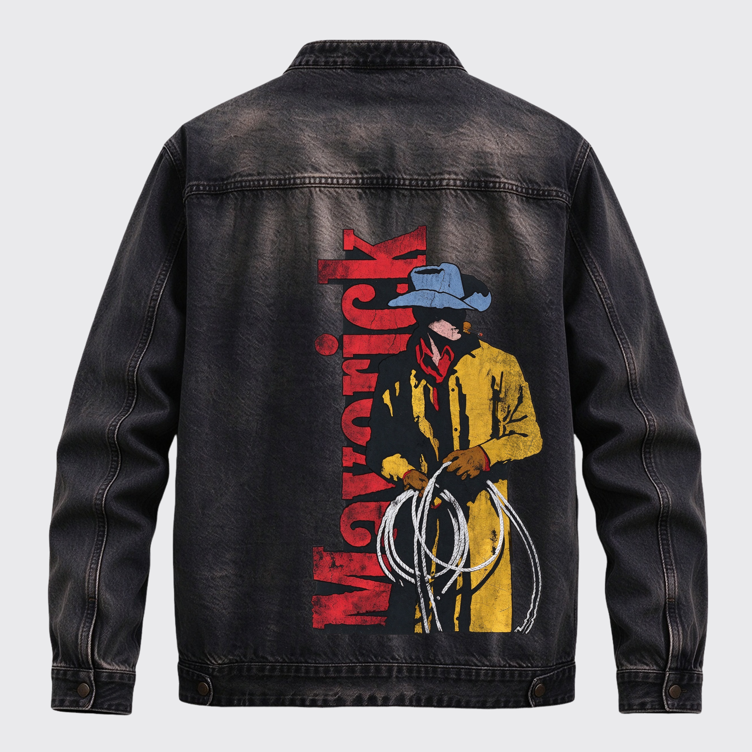 Vintage Western Maverick Cowboy Back Print Graphic Denim Jacket