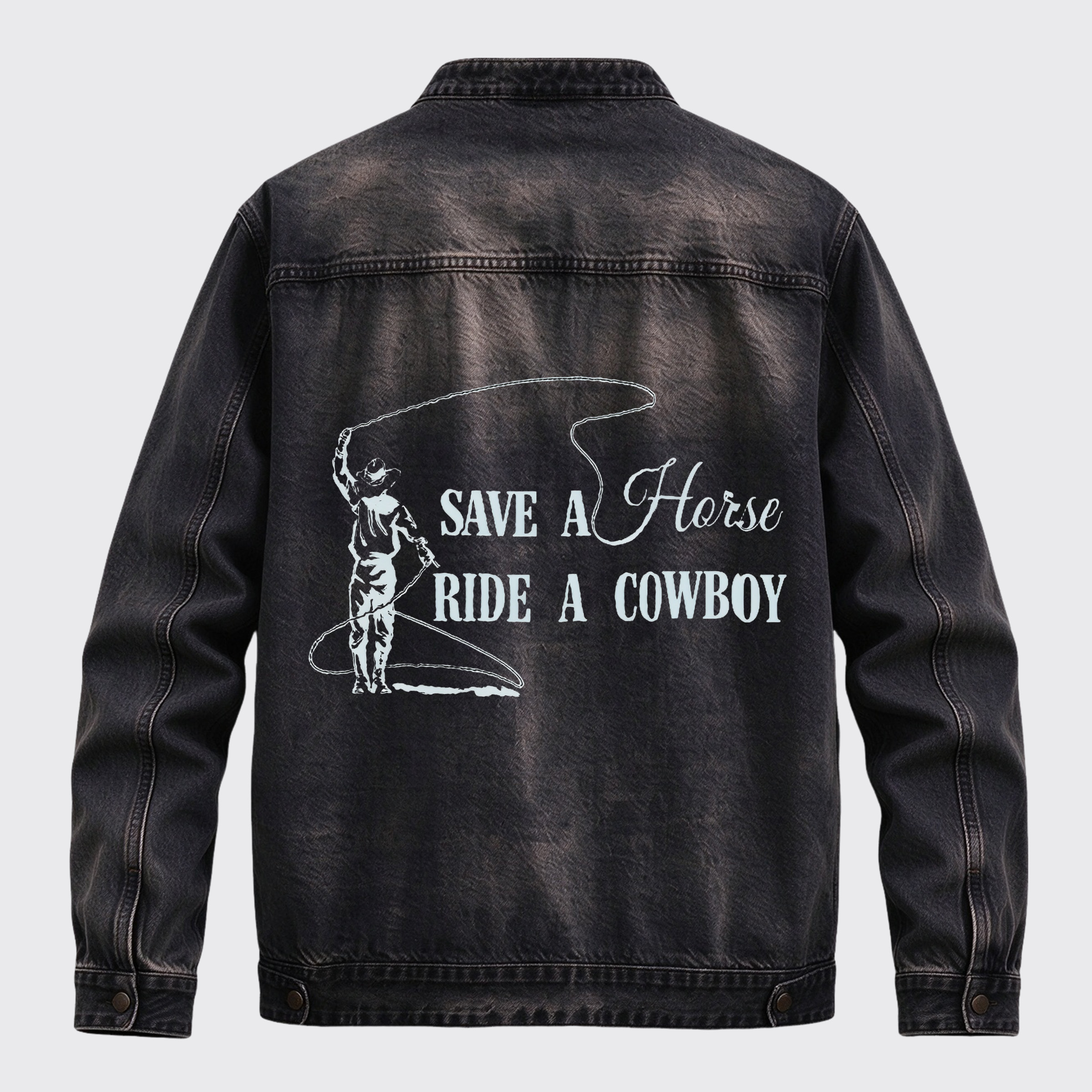 Western Save A Horse Ride A Cowboy Back Print Graphic Denim Jacket