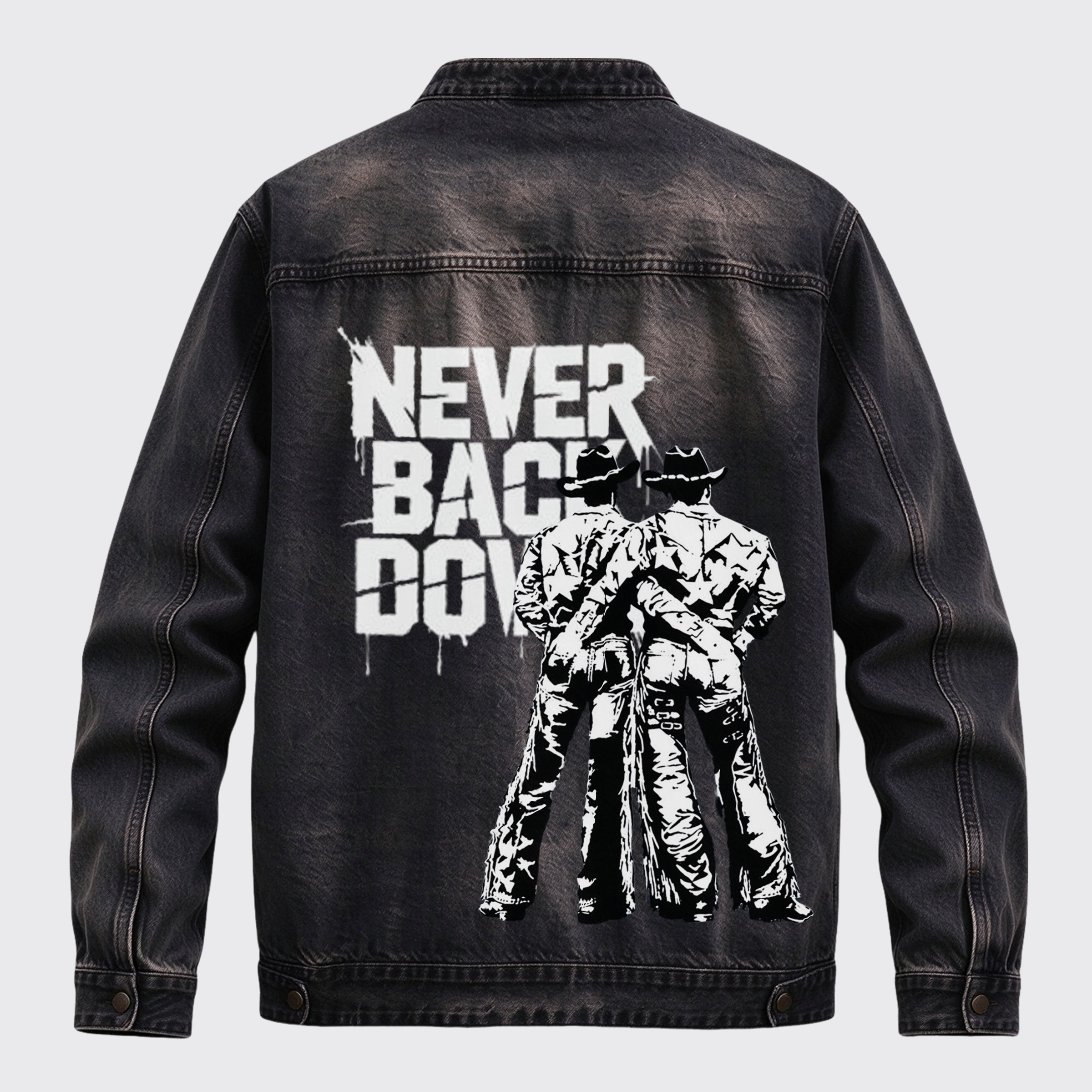 Vintage Western Never Back Down Two Cowboys Back Graphic Stand Collar Zip Jacket