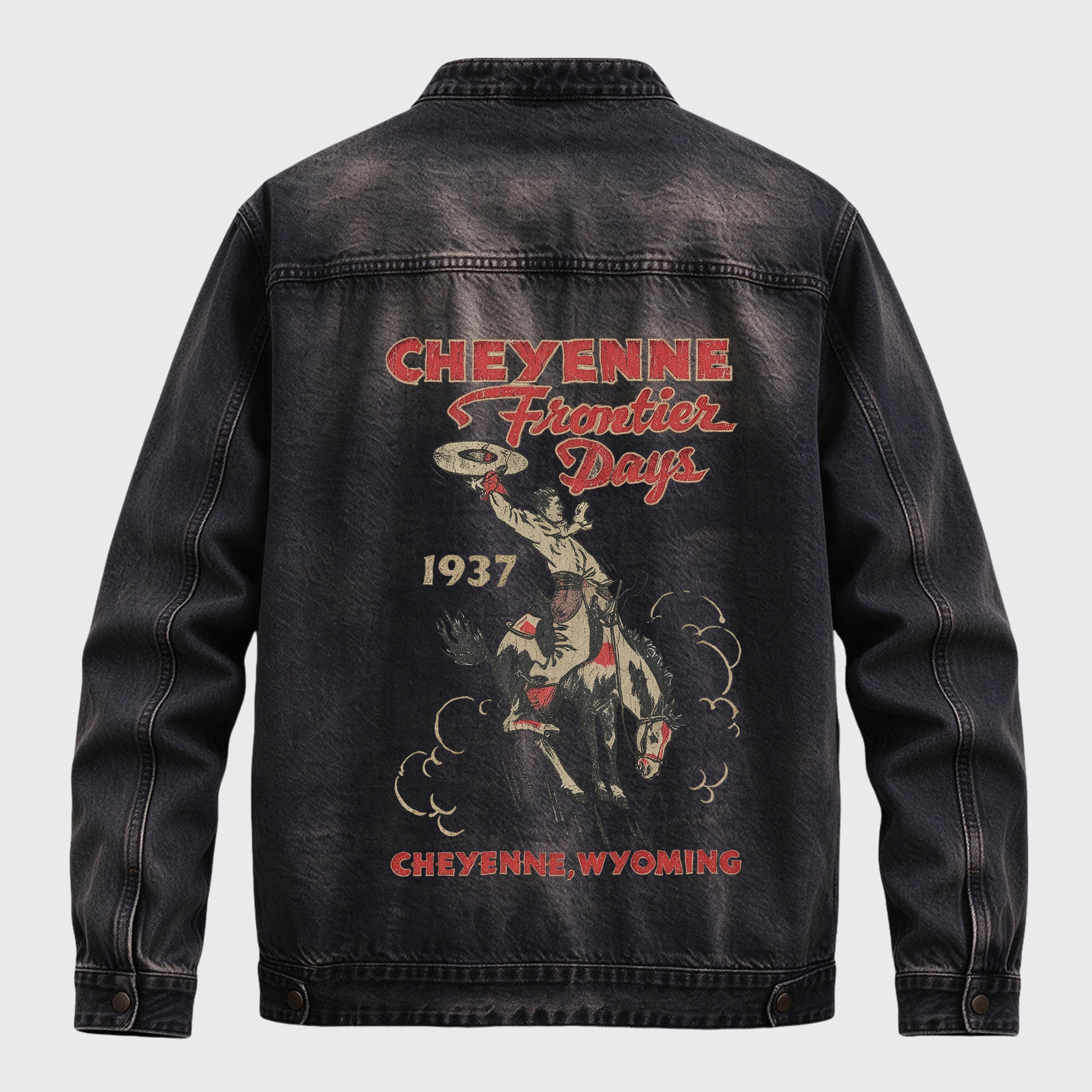 Vintage Western Cheyenne Frontier Days Back Print Graphic Denim Jacket