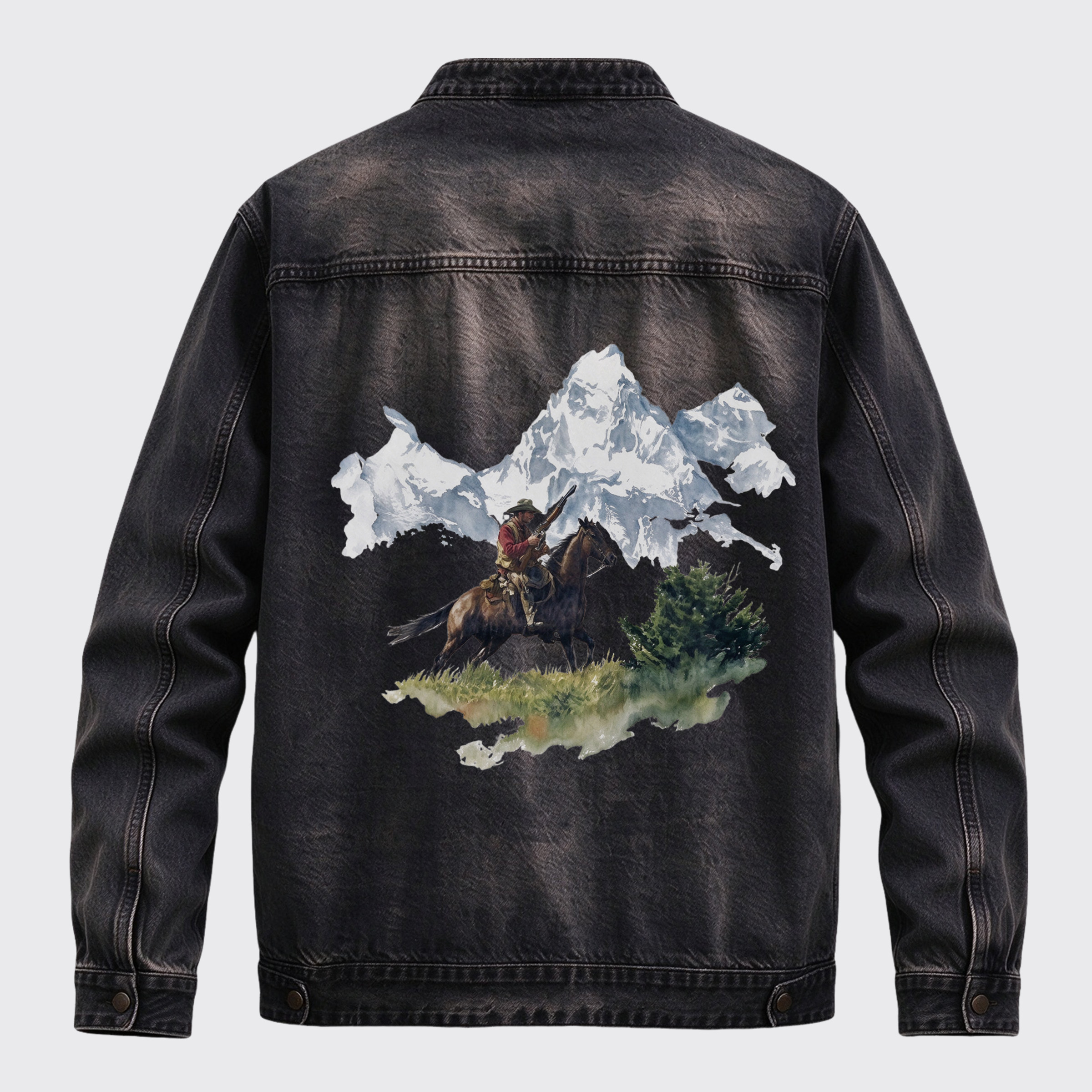 Vintage Western Mountain Cowboy Back Print Graphic Denim Jacket