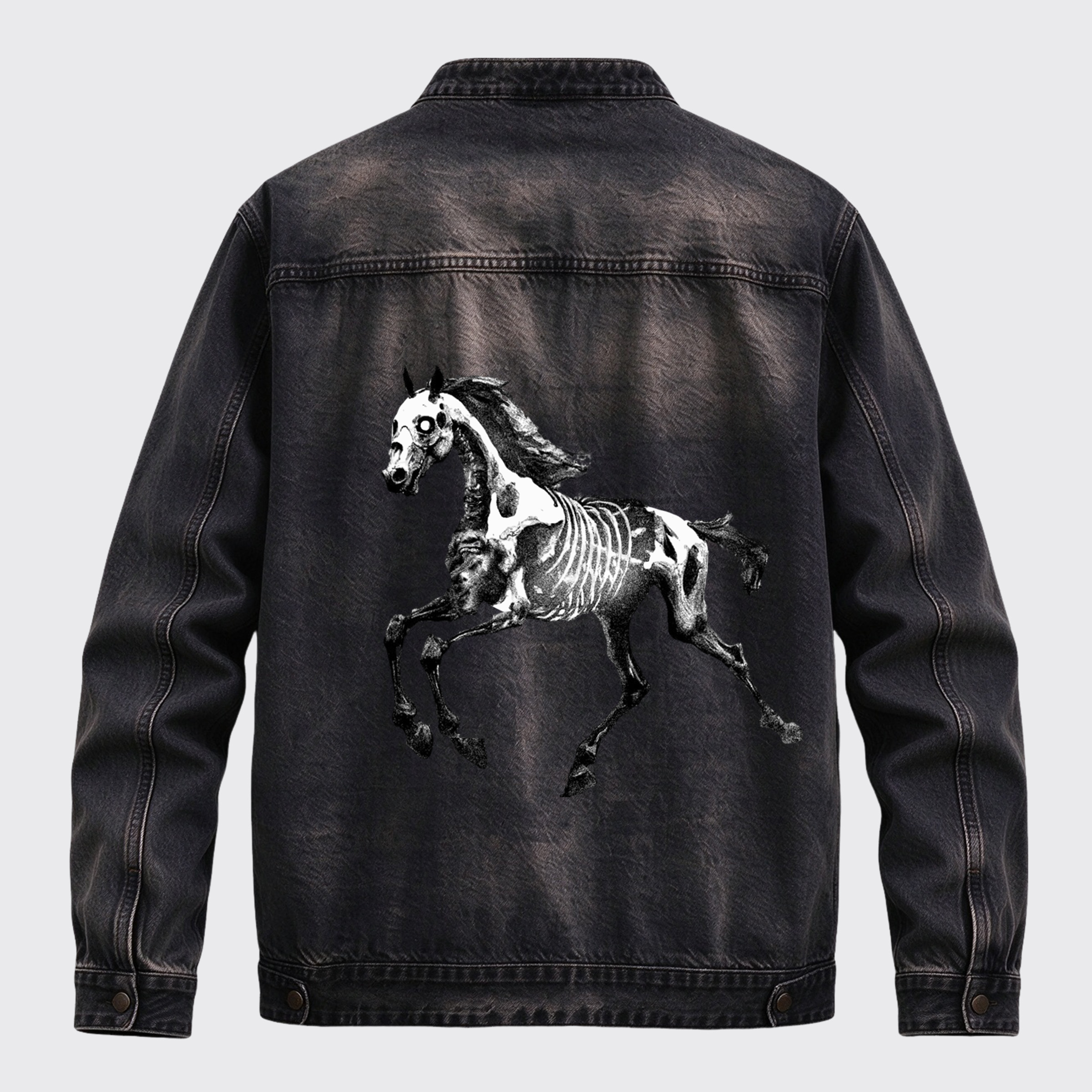 Western Skeleton Horse Back Print Graphic Denim Jacket