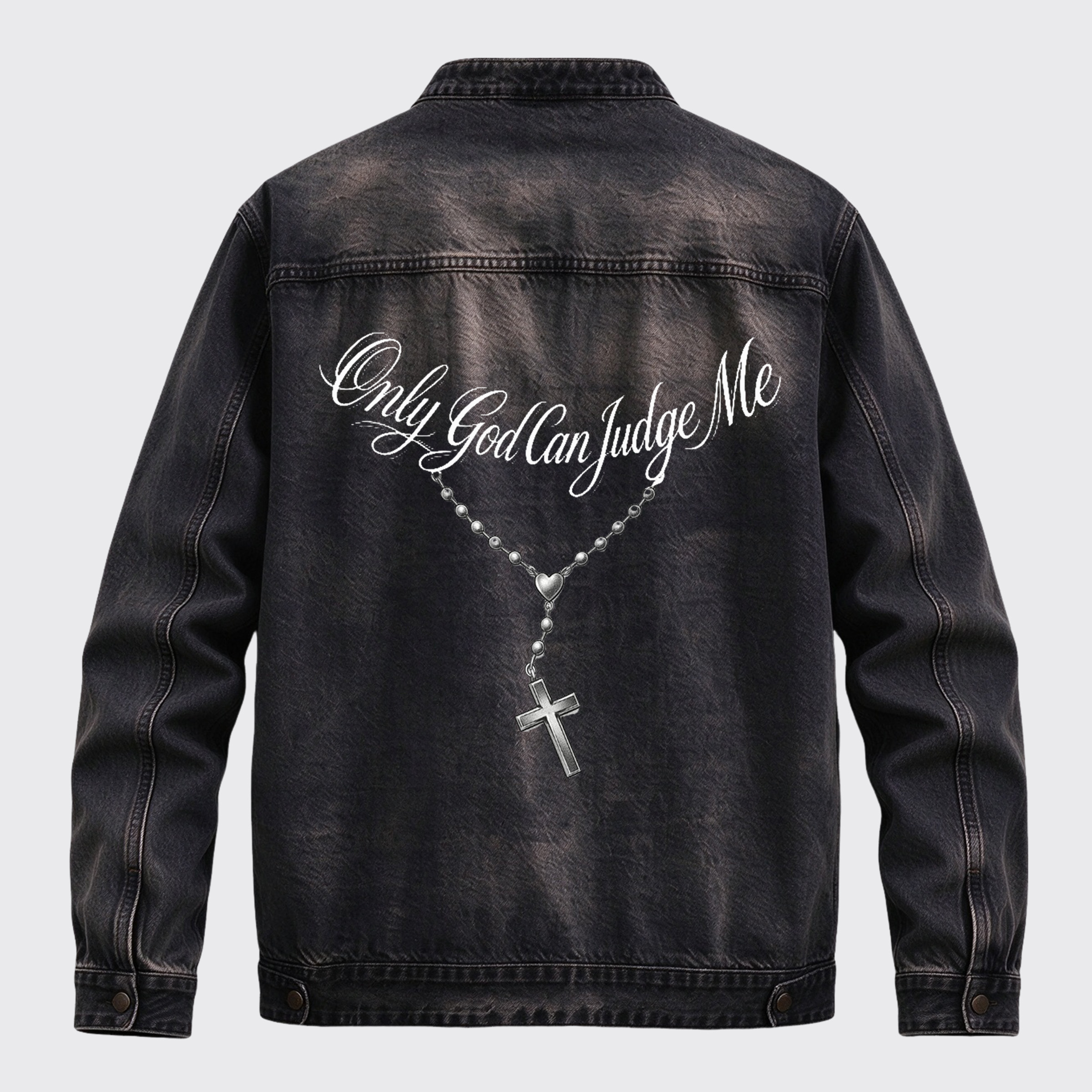 Vintage Western Faith Themed Only God Can Judge Me Cross Rosary Graphic Zip Jacket