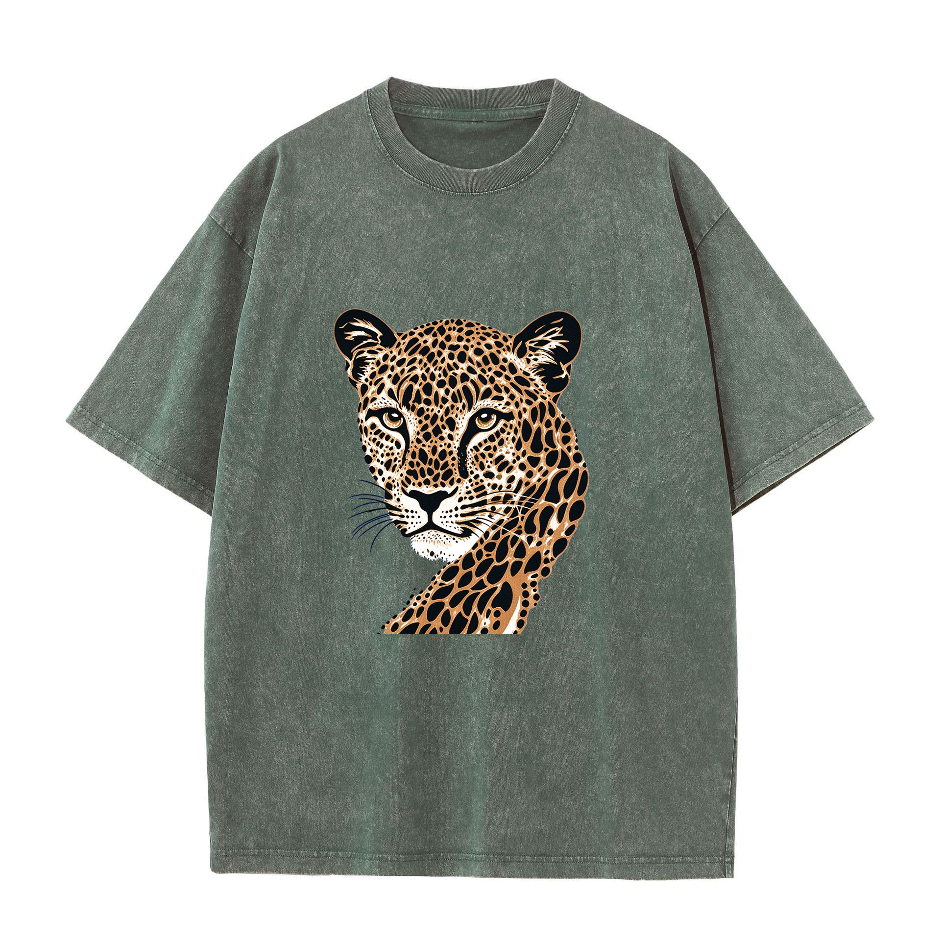 Vintage Leopard Portrait Graphic Washed Crewneck Short Sleeve T-Shirt