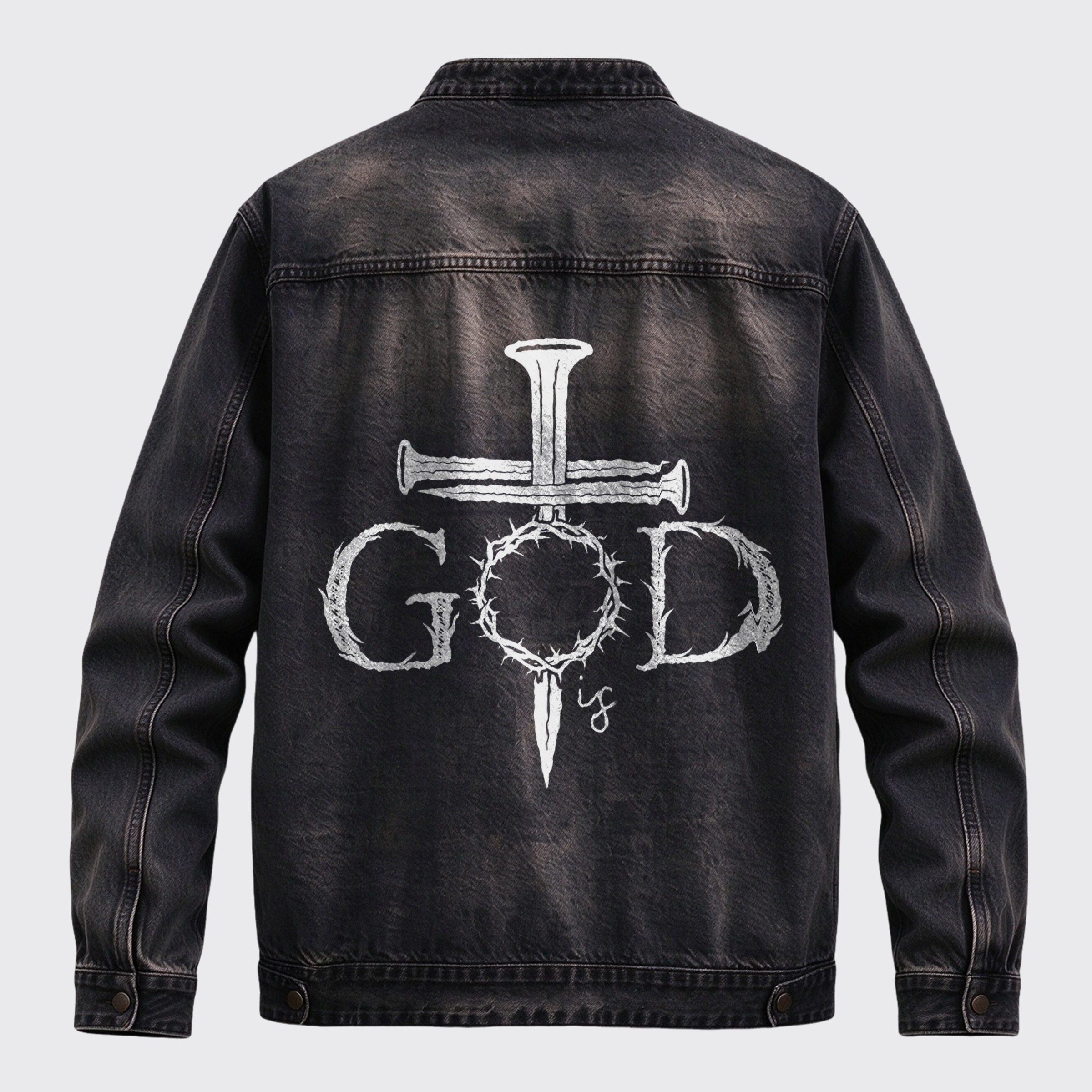 Vintage Western GOD Cross Thorn Crown Graphic Stand Collar Zip Jacket
