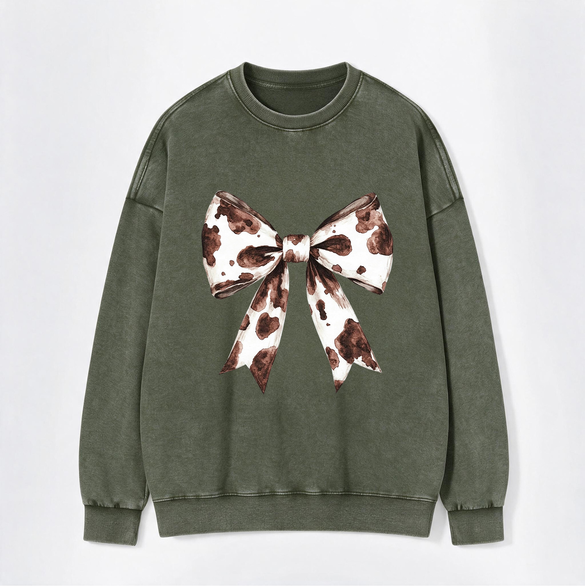 Vintage Western Cow Print Bow Back Print Washed Crewneck Sweatshirt