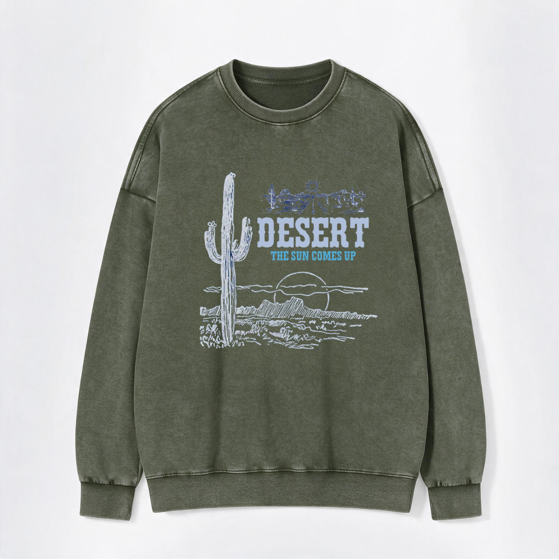Vintage Western Cactus & Sunset Print Washed Crewneck Sweatshirt