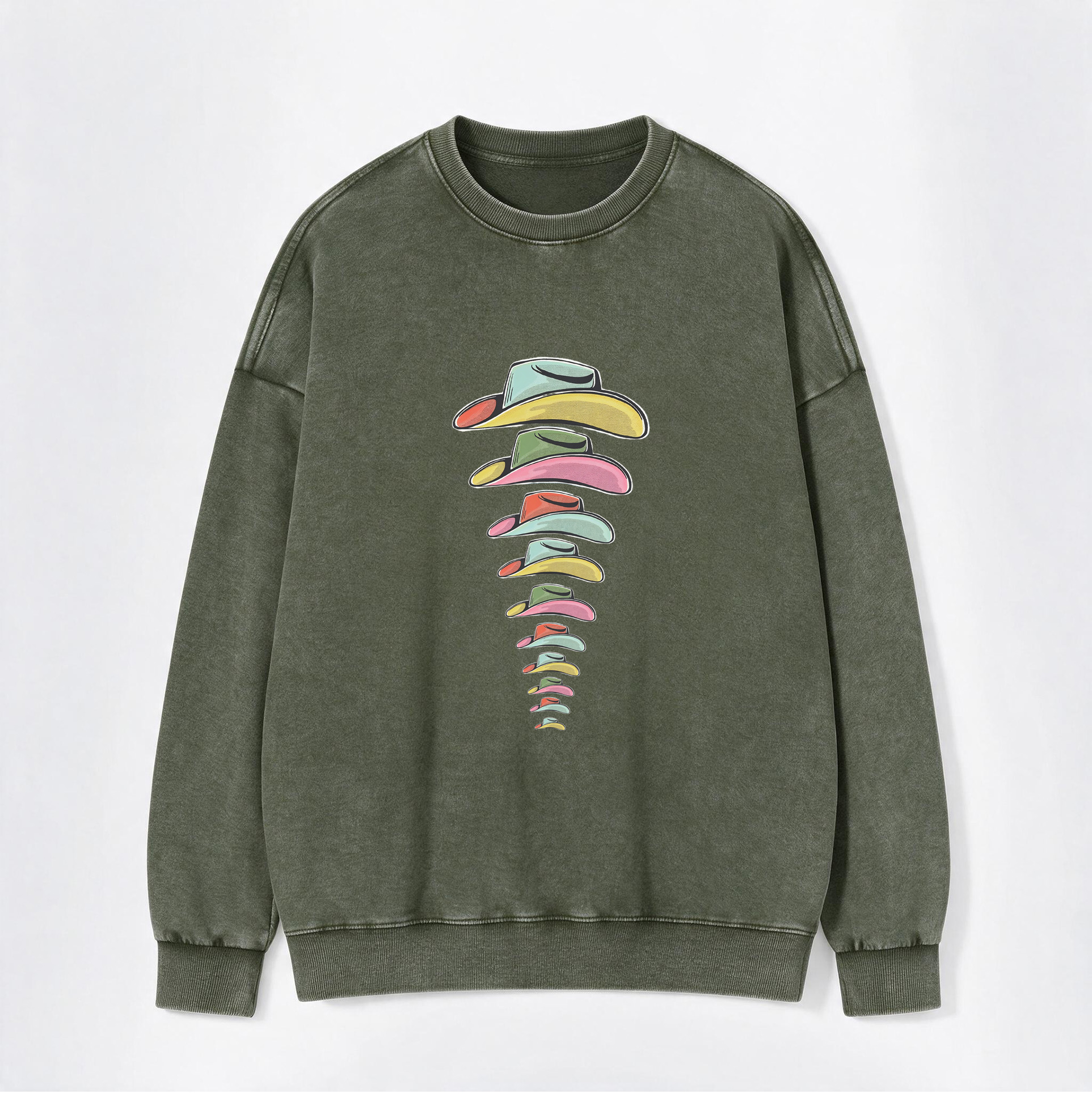 Vintage Rainbow Cowboy Hat Stack Print Washed Crewneck Sweatshirt