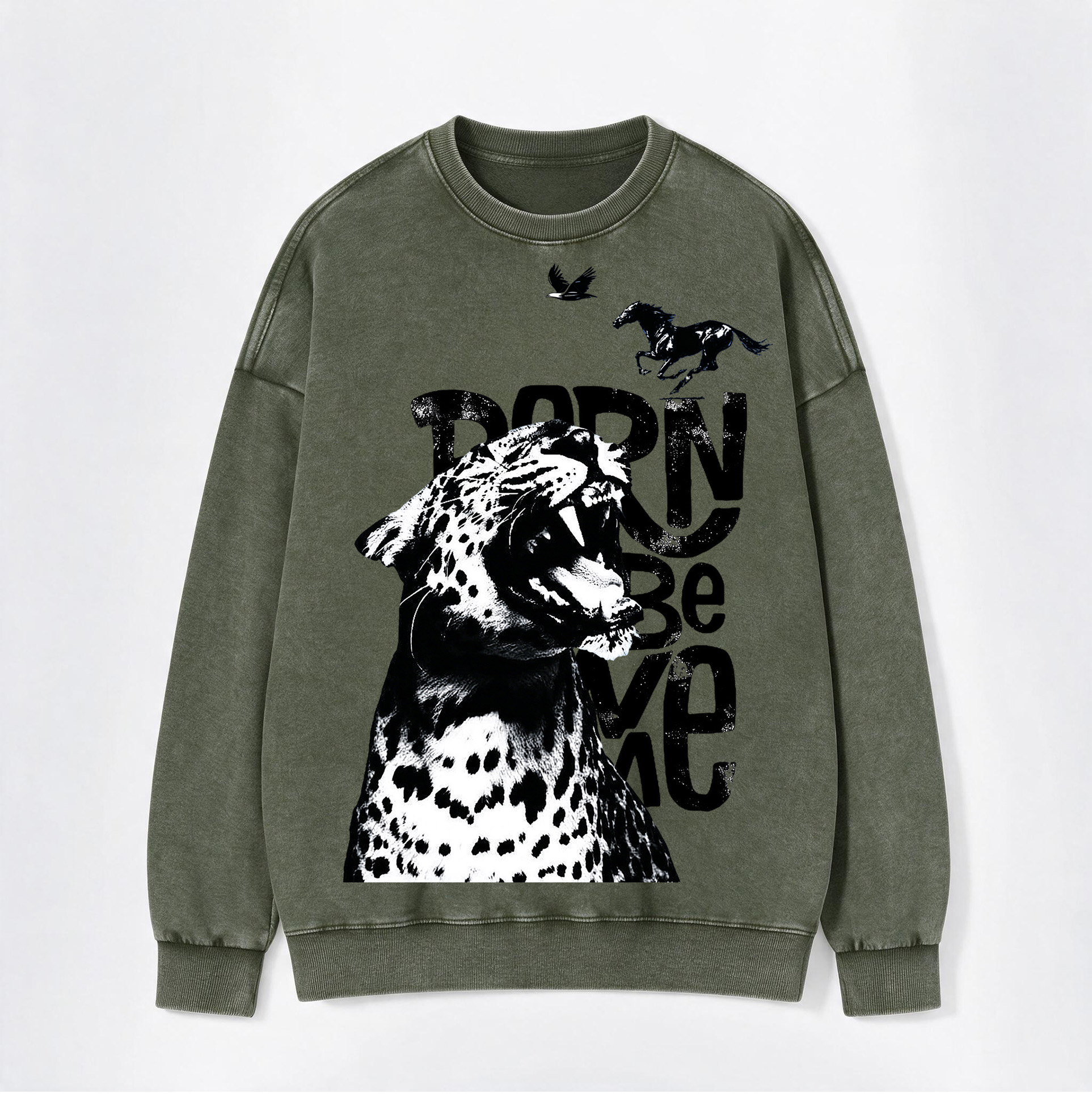 Born Wild Leopard Horse Eagle Print Washed Crewneck Sweatshirt