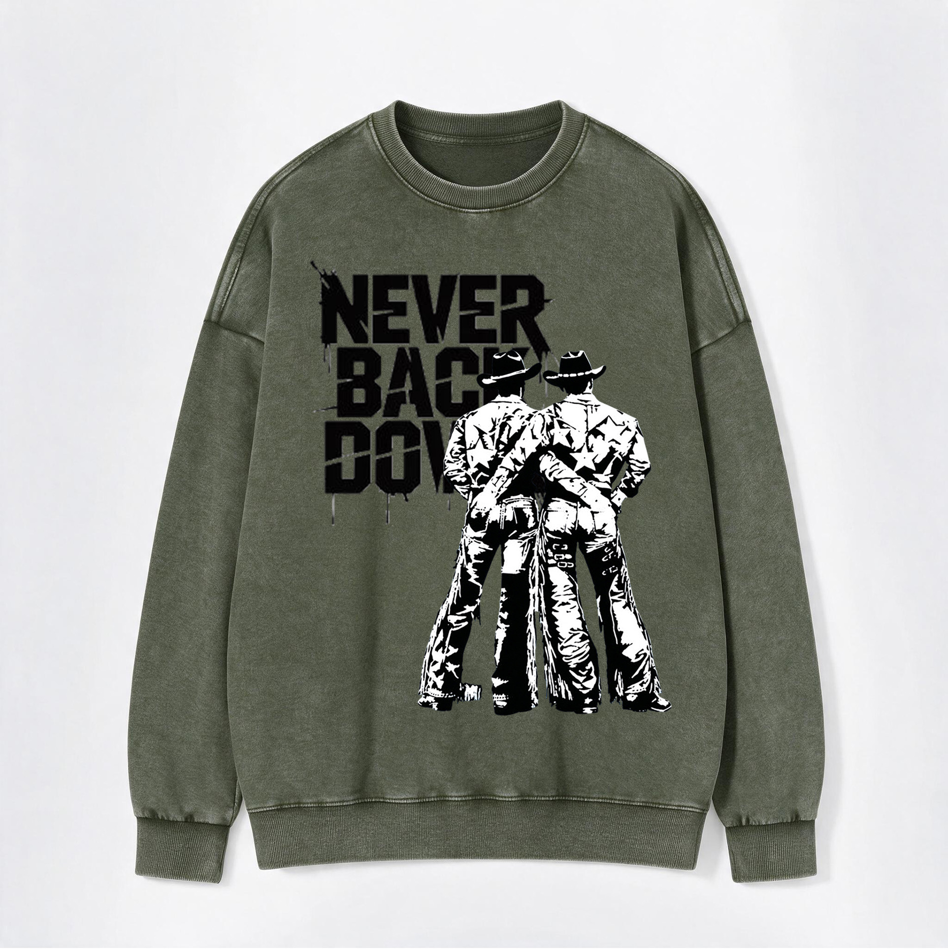 Never Back Down Cowboys Print Washed Crewneck Sweatshirt