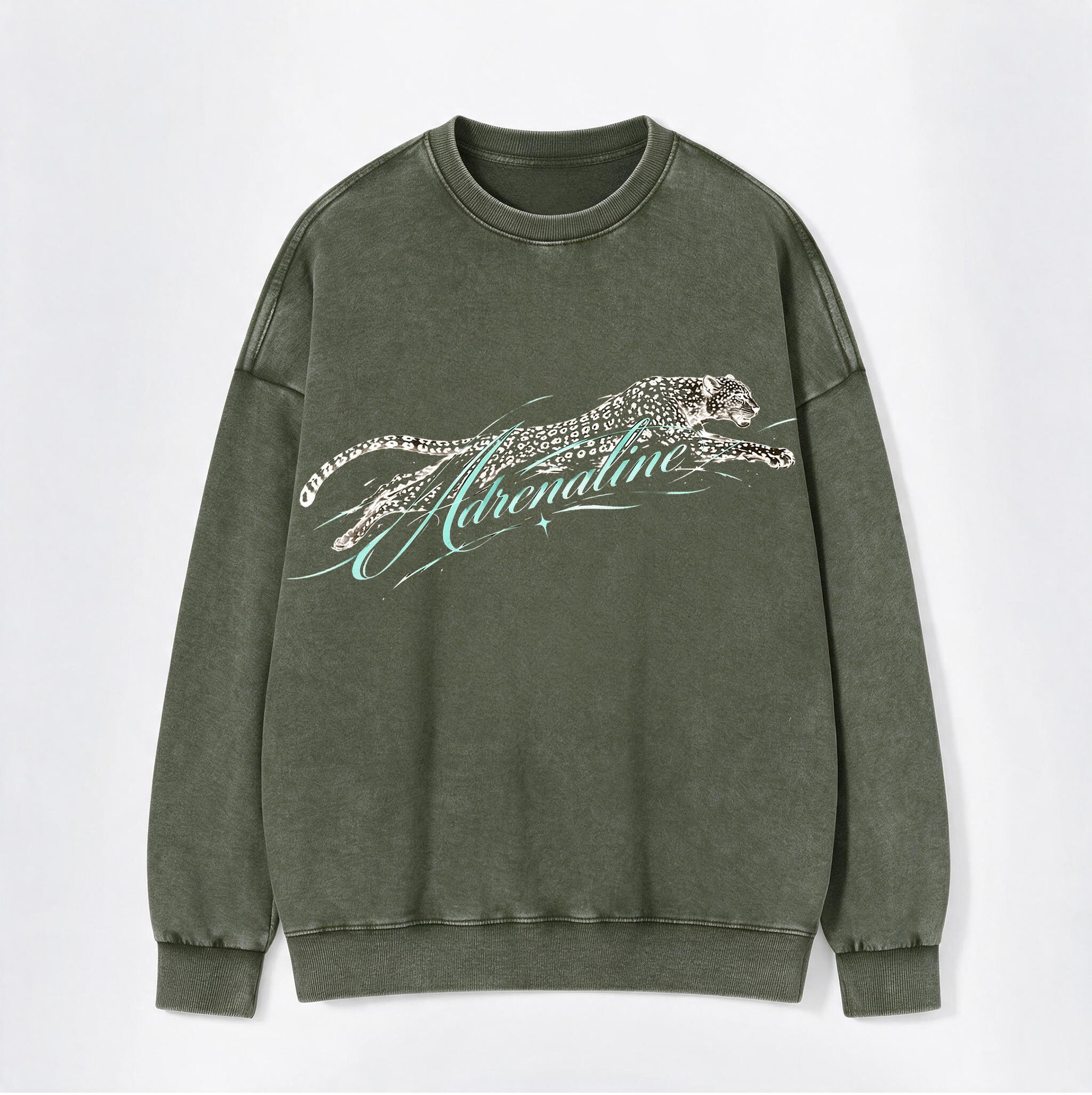 Vintage Adrenaline Leaping Cheetah Script Print Washed Crewneck Sweatshirt