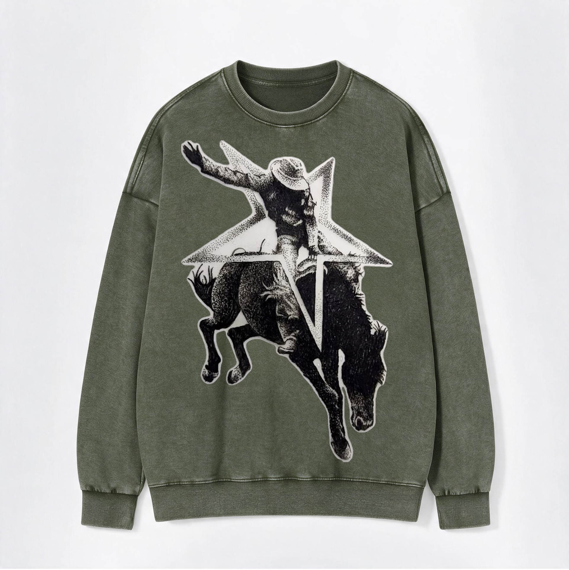 Retro Western Star Bucking Bronco Cowboy Print Washed Crewneck Sweatshirt