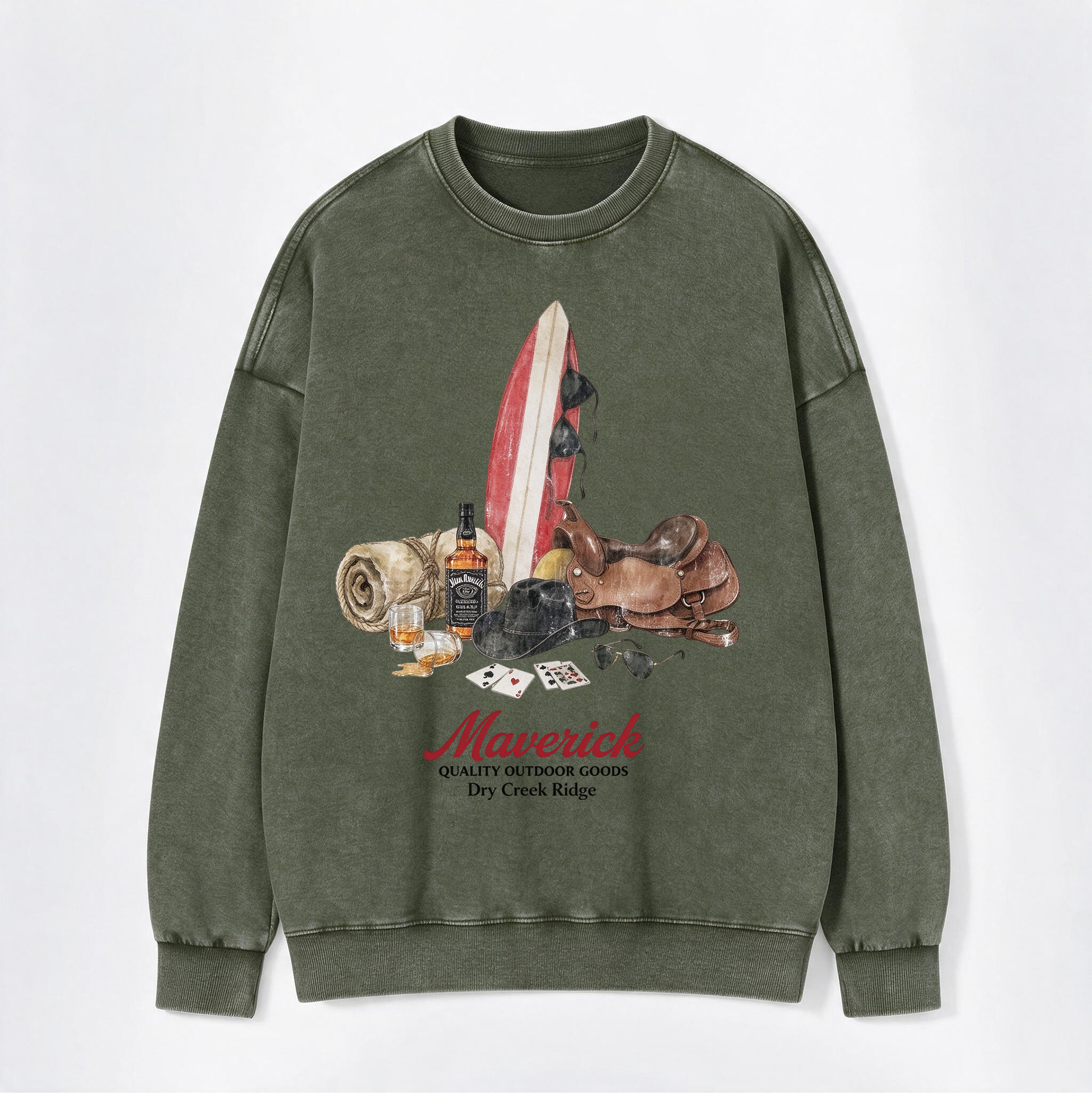 Retro Western Maverick Surf Cowboy Gear Print Washed Crewneck Sweatshirt