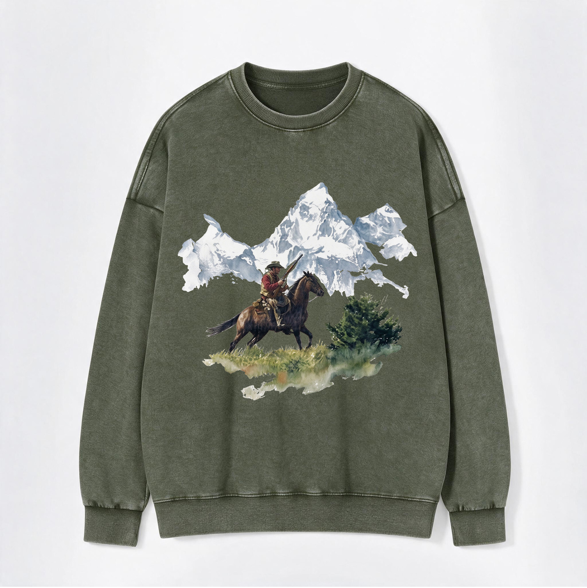 Retro Western Mountain Hunter Cowboy Landscape Print Washed Crewneck Sweatshirt
