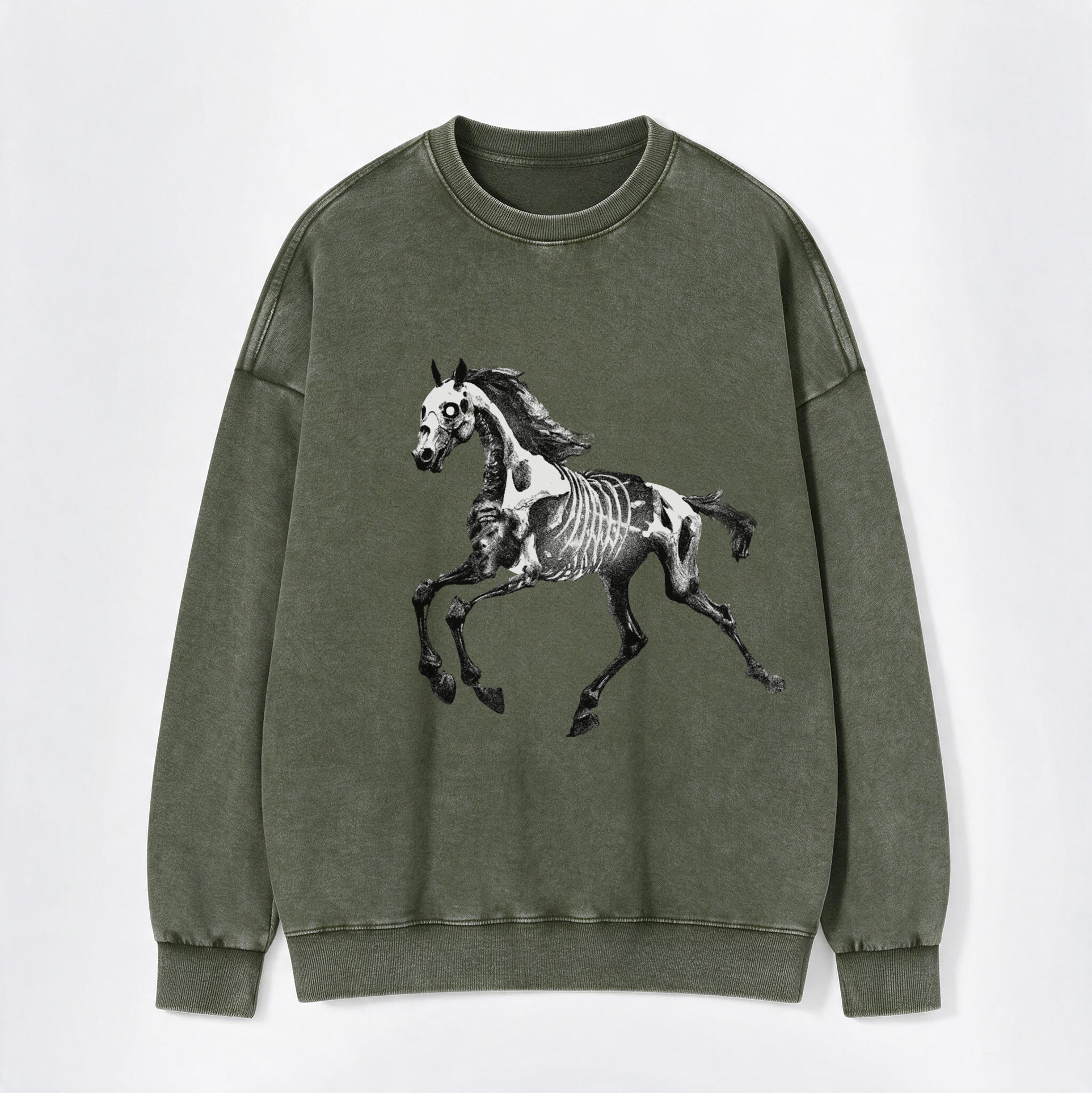 Retro Western Skeleton Horse Galloping Print Washed Crewneck Sweatshirt