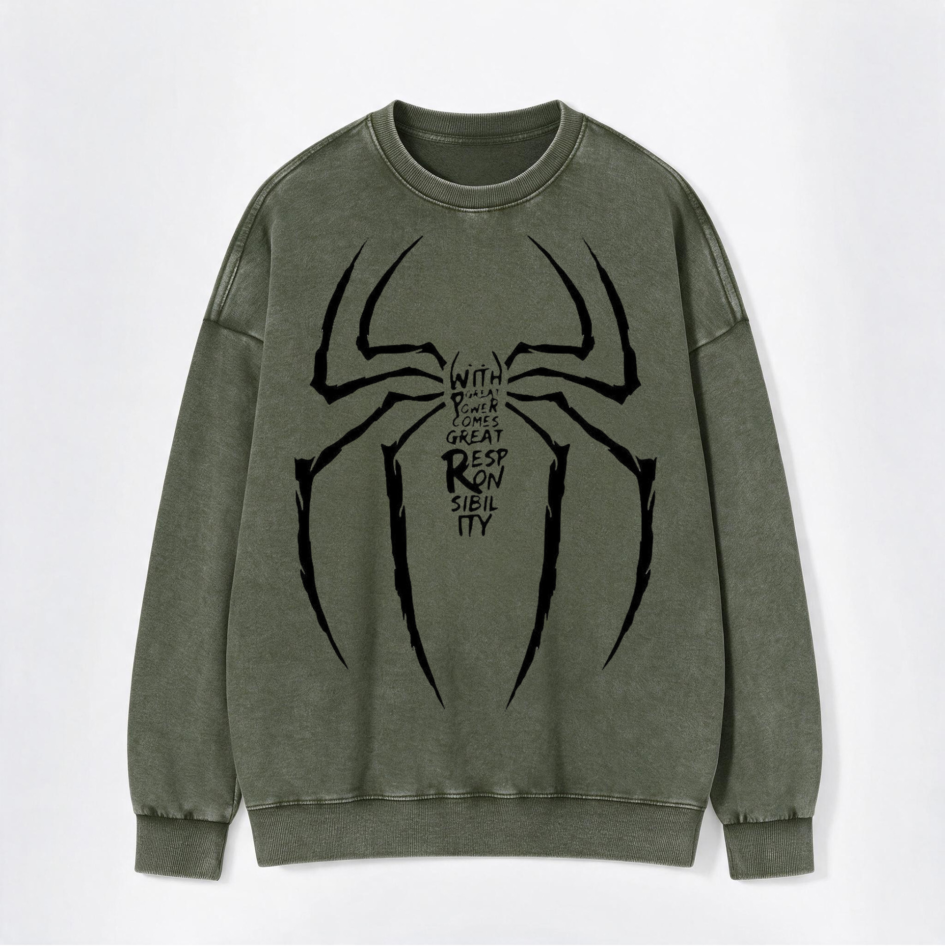 Retro Grunge Spider Quote Print Washed Crewneck Sweatshirt