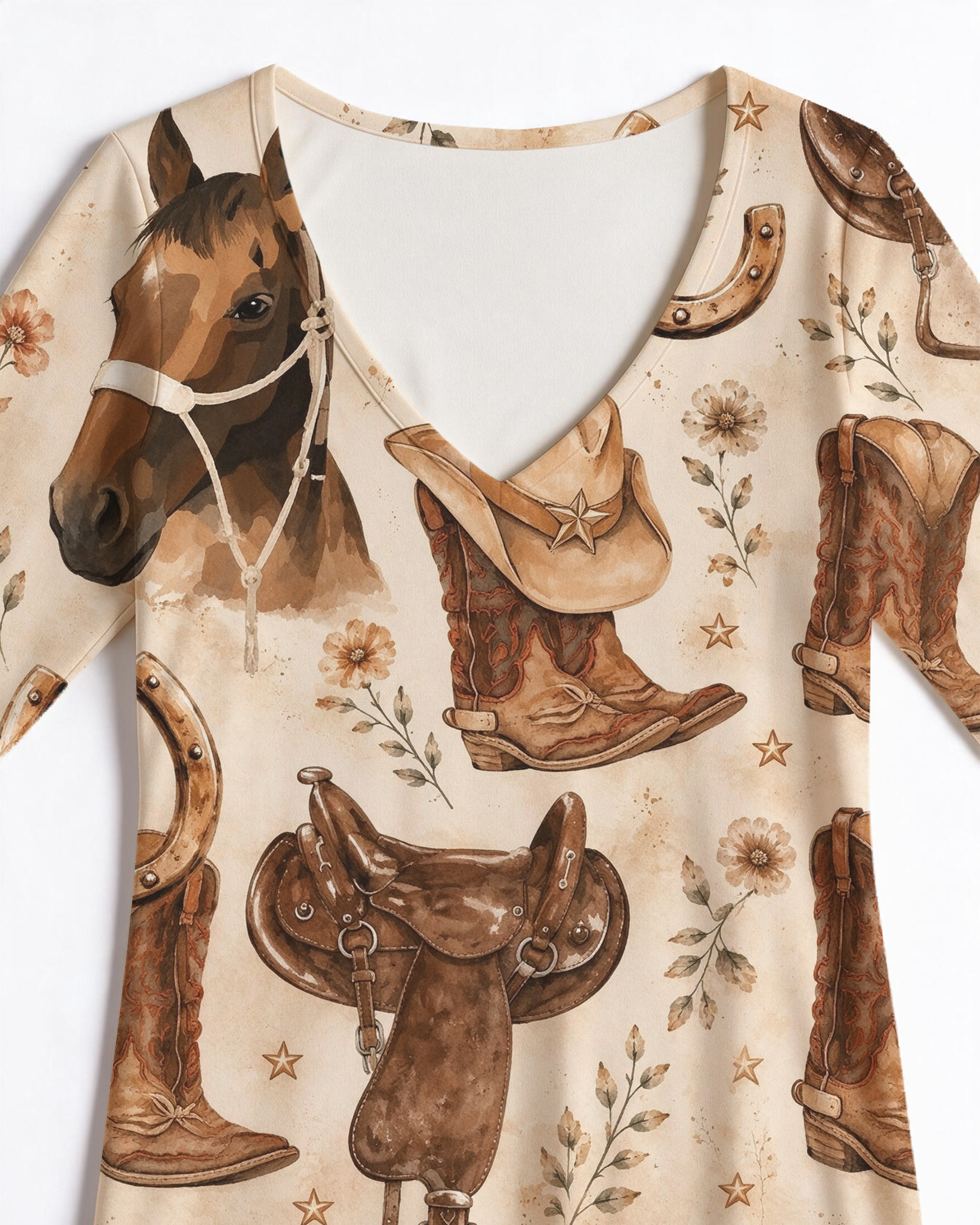 Saddle Cowboy Boot Hat & Horse Wildflower All Over Western V-Neck Printed Dress | Allover Print