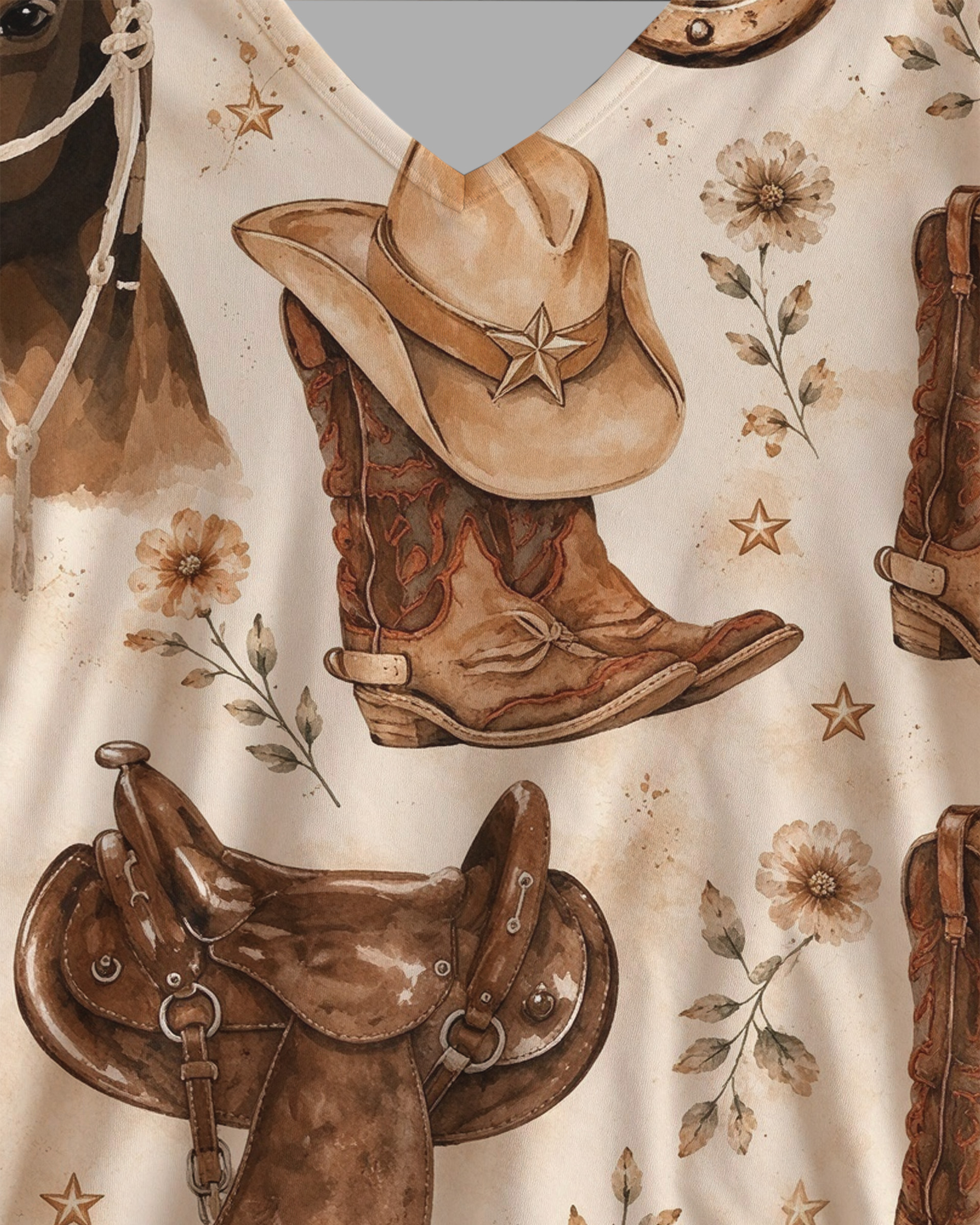 Saddle Cowboy Boot Hat & Horse Wildflower All Over Western V-Neck Printed Dress | Allover Print