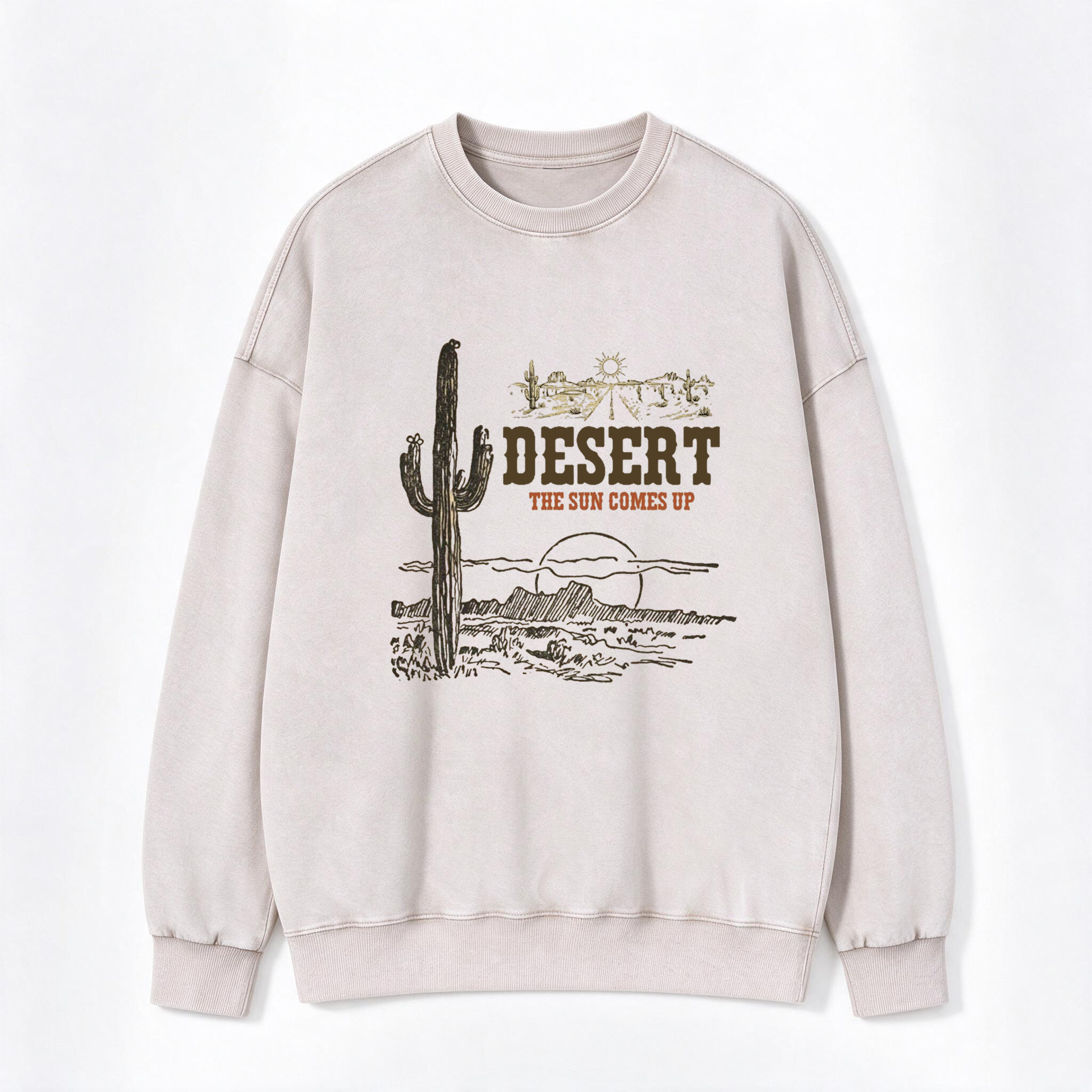 Vintage Western Cactus & Sunset Print Washed Crewneck Sweatshirt