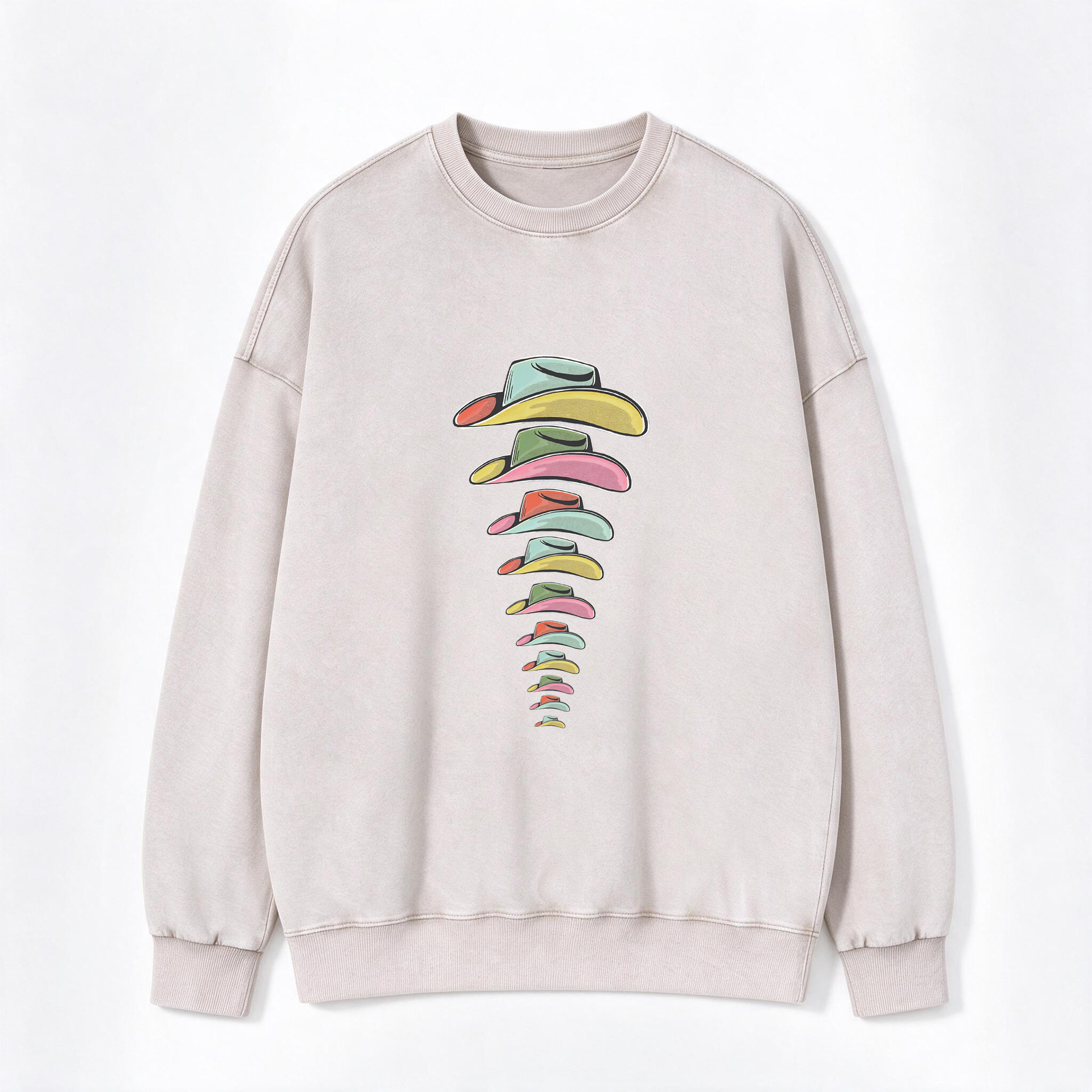 Vintage Rainbow Cowboy Hat Stack Print Washed Crewneck Sweatshirt